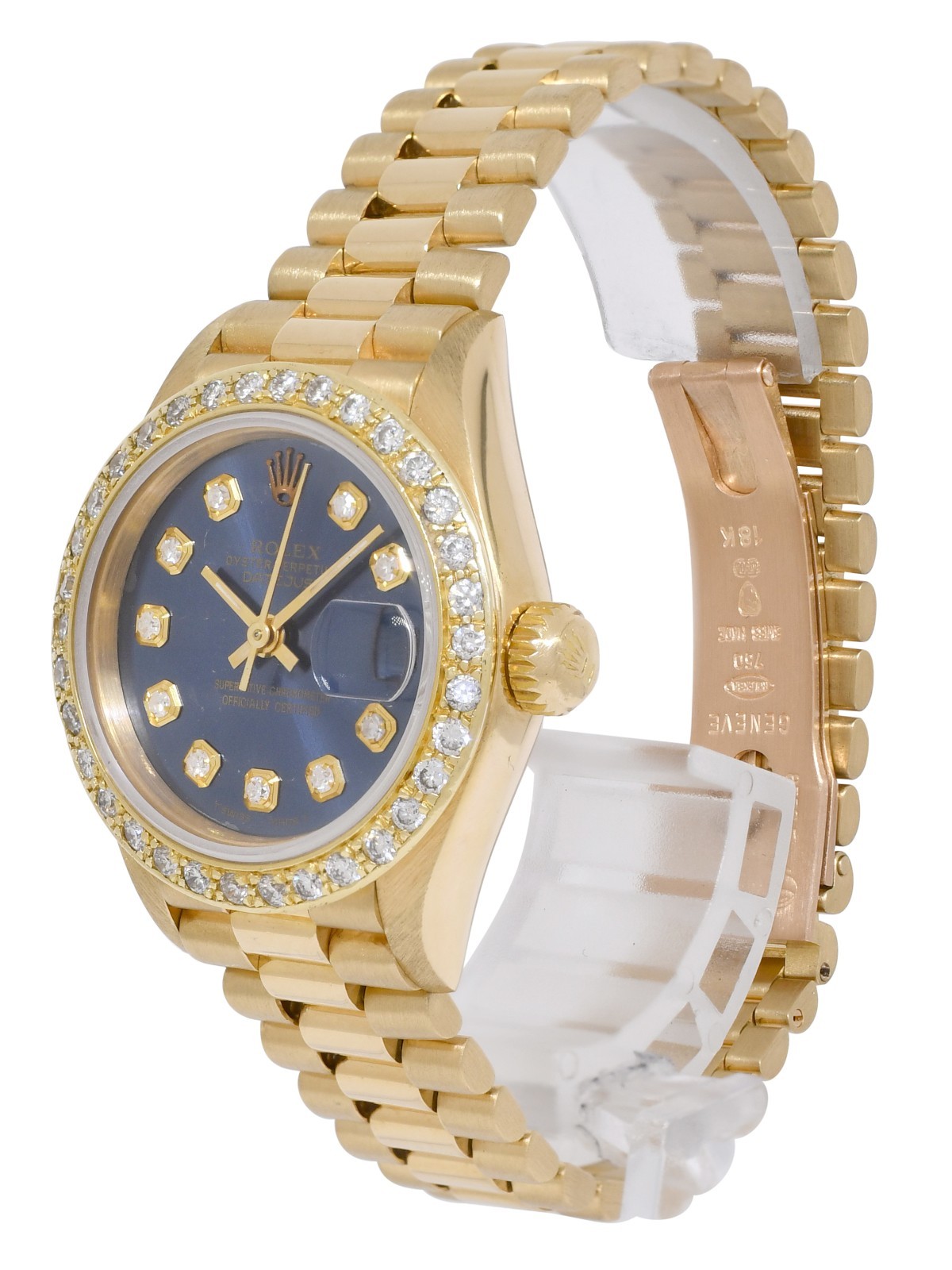 Rolex Datejust President 18k Yellow Gold Blue Diamond Ladies 26mm Watch R 69178