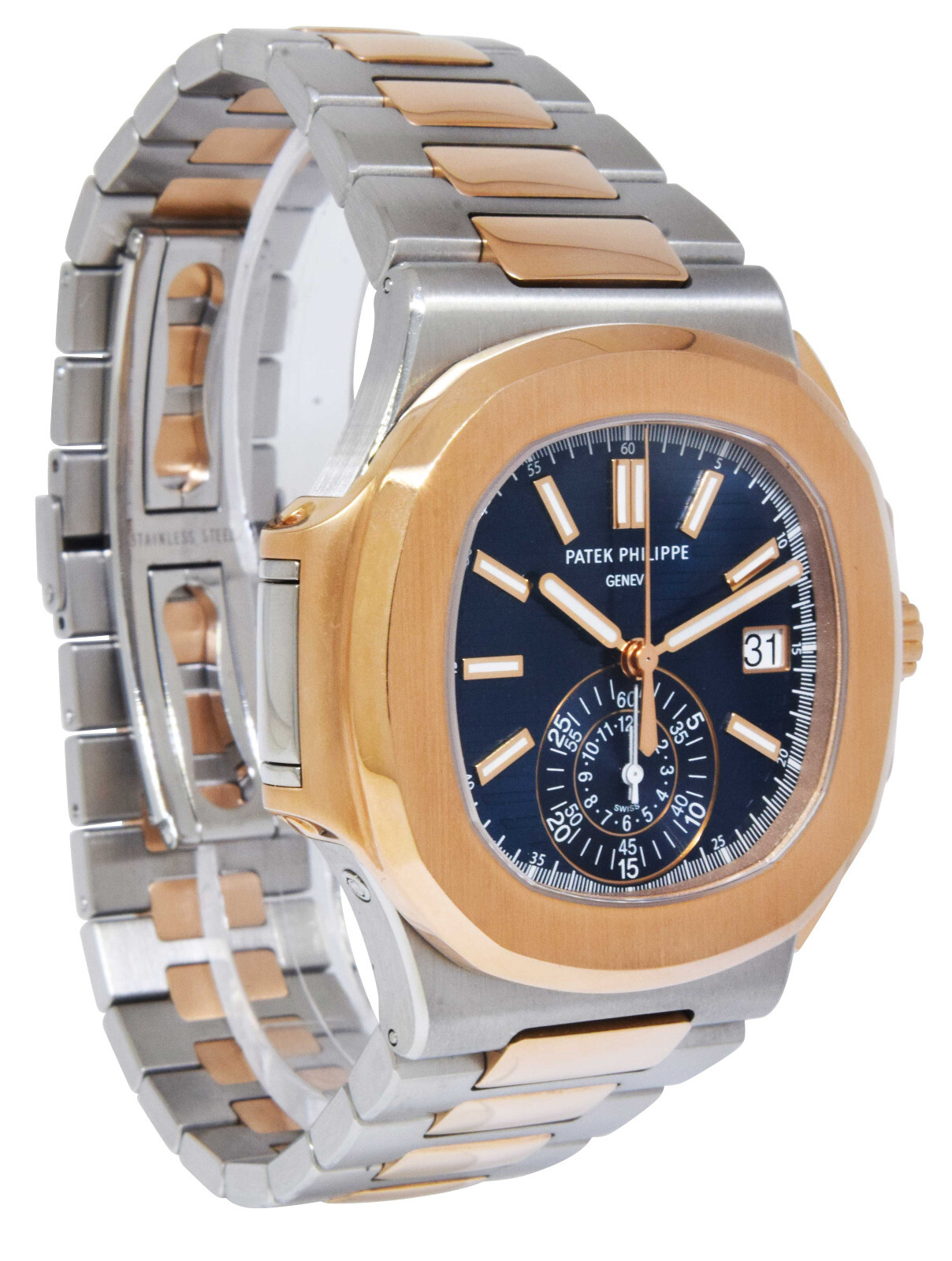 Patek Philippe 5980 Nautilus Chronograph Steel 18k RG Blue Dial Watch B/P 5980AR