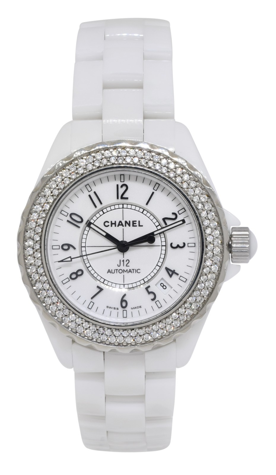 Chanel J12 White Ceramic & Diamond Bezel Ladies 38mm Automatic Watch H0969