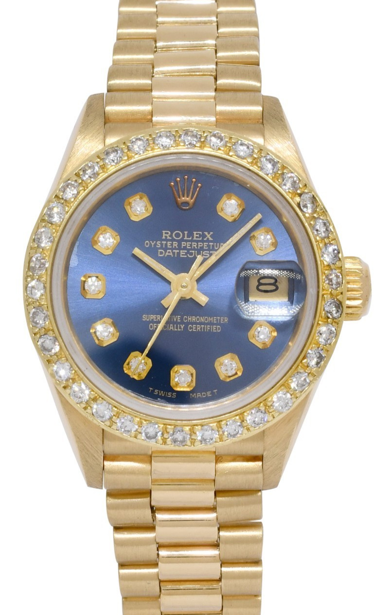 Rolex Datejust President 18k Yellow Gold Blue Diamond Ladies 26mm Watch R 69178