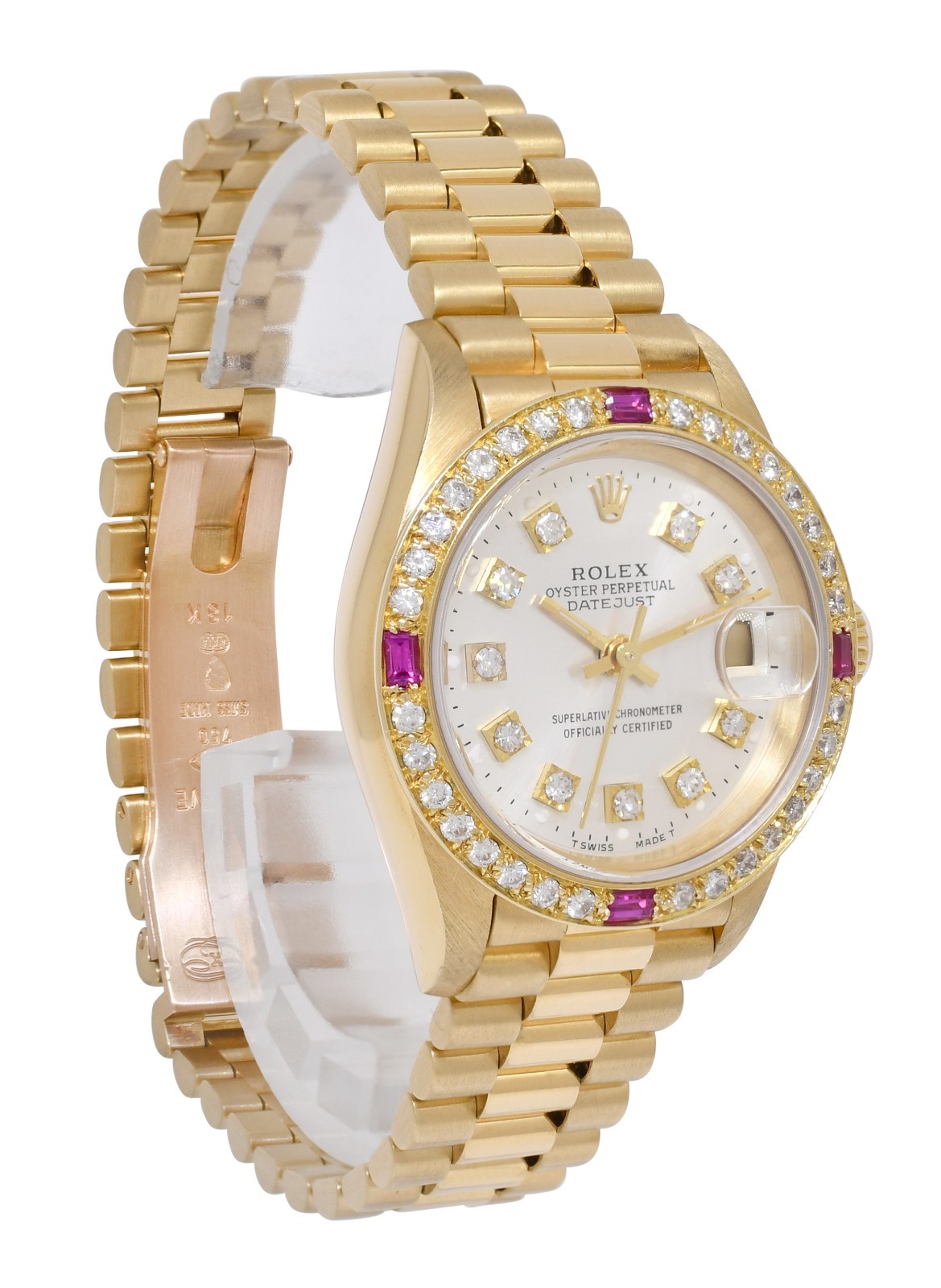 Rolex Datejust 18k Yellow Gold Silver Diamond/Ruby Ladies 26mm Watch L 69178