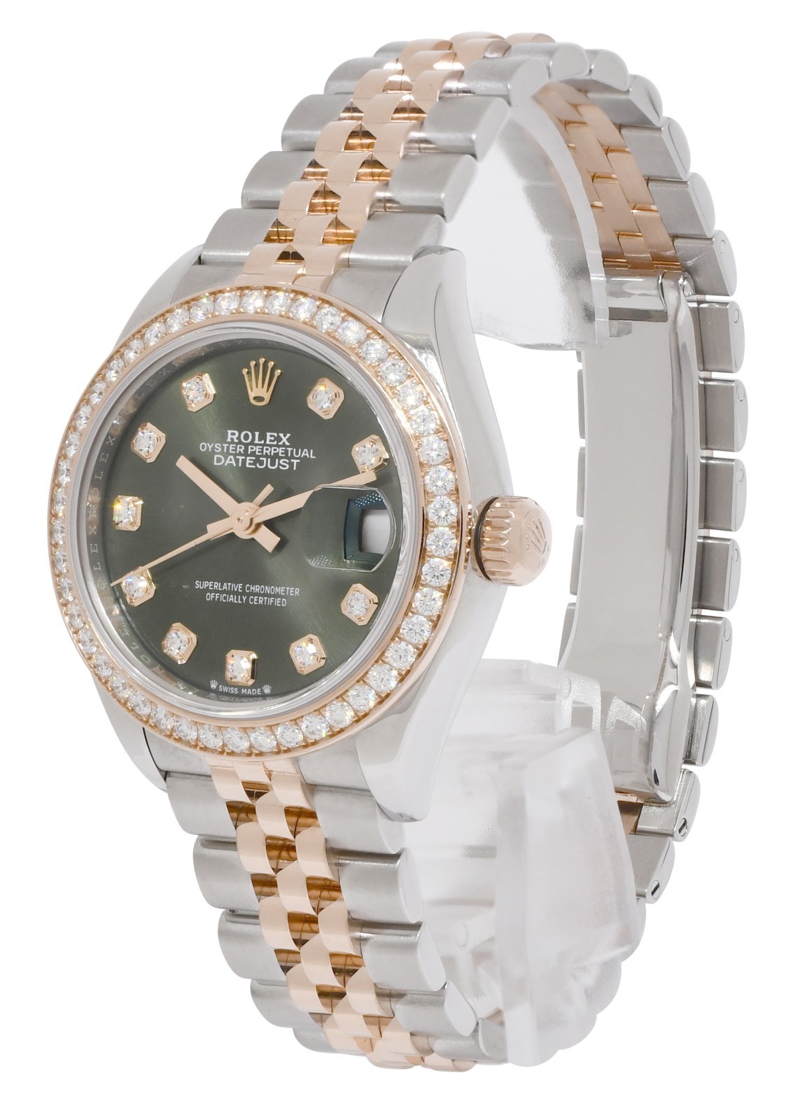 Rolex Datejust 28 Rose Gold/Steel Olive Green Diamond Watch +Card '22 279381RBR