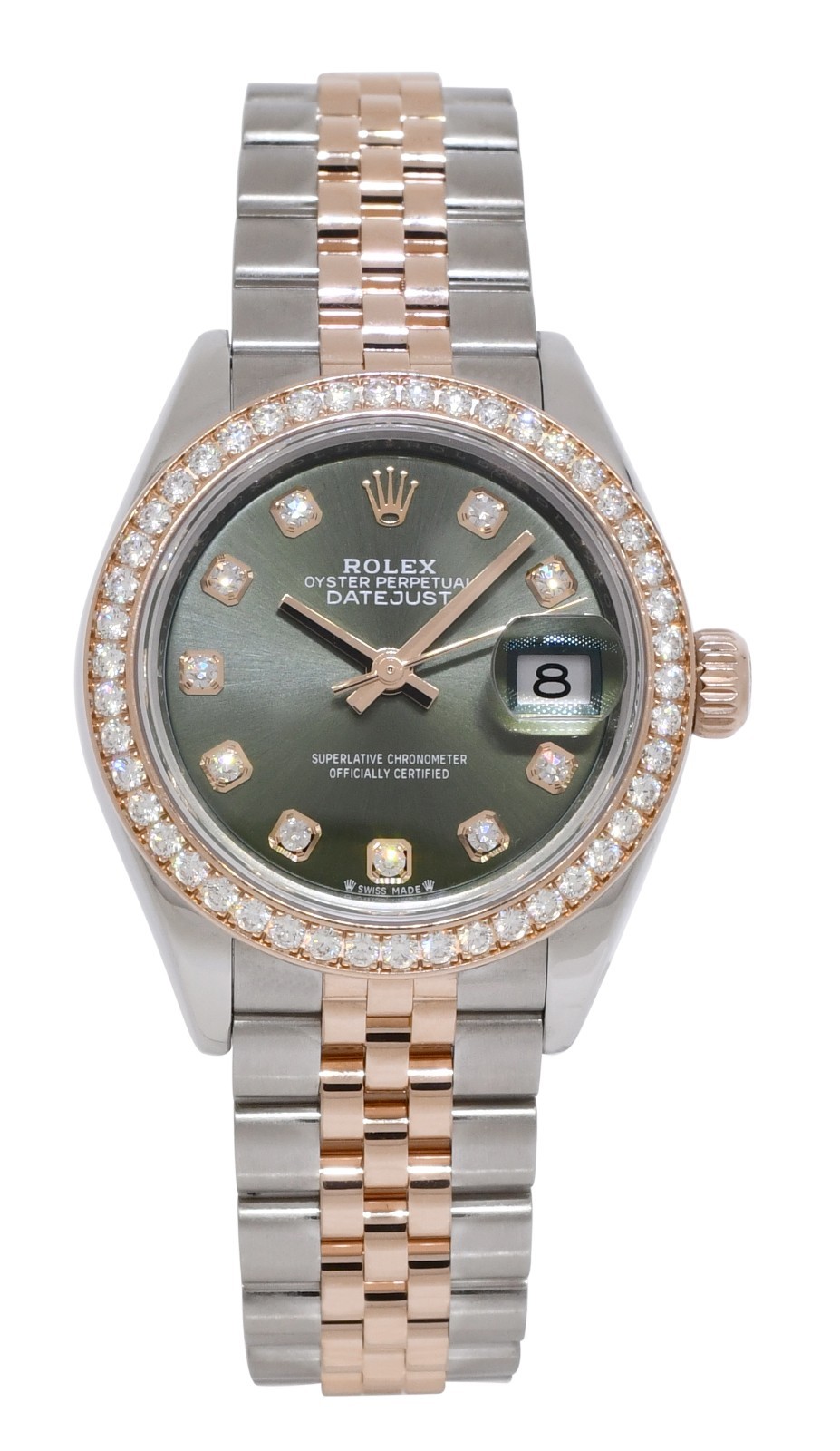 Rolex Datejust 28 Rose Gold/Steel Olive Green Diamond Watch +Card '22 279381RBR