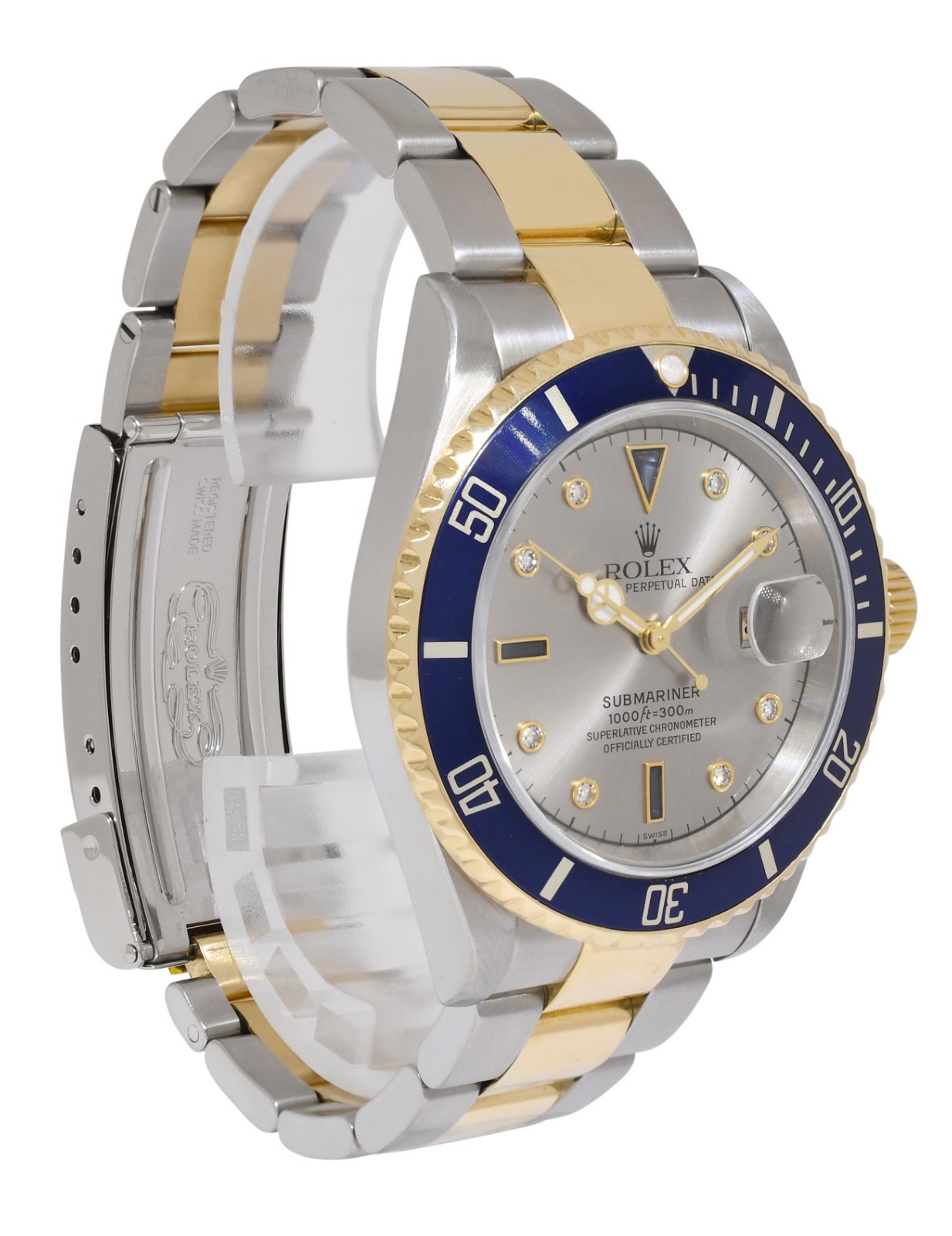 Rolex Submariner 18k Yellow Gold/Steel Slate Serti Diamond 40mm Watch F 16613