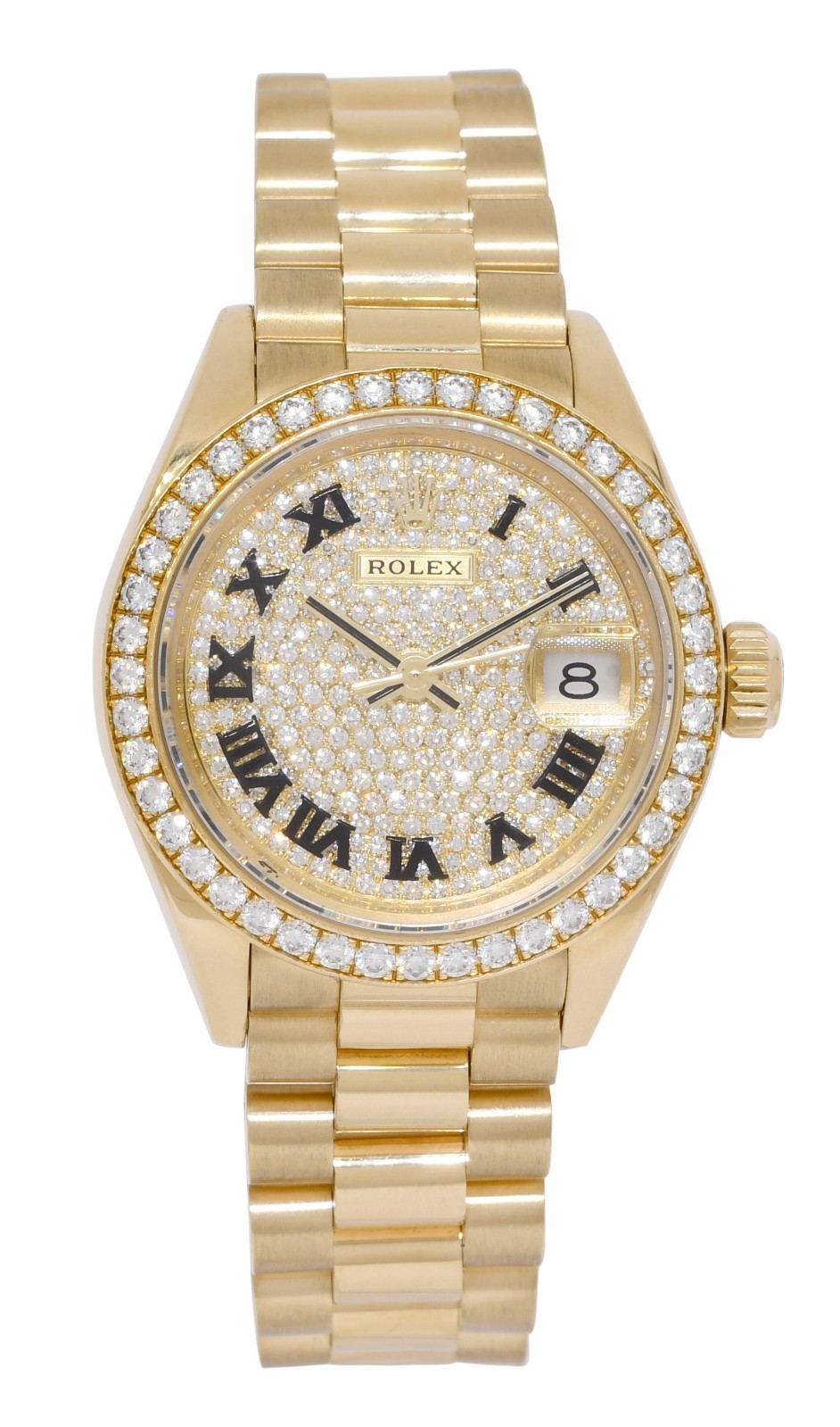 Rolex Datejust 28 President 18k Yellow Gold Pave Diamond Ladies Watch 279138RBR