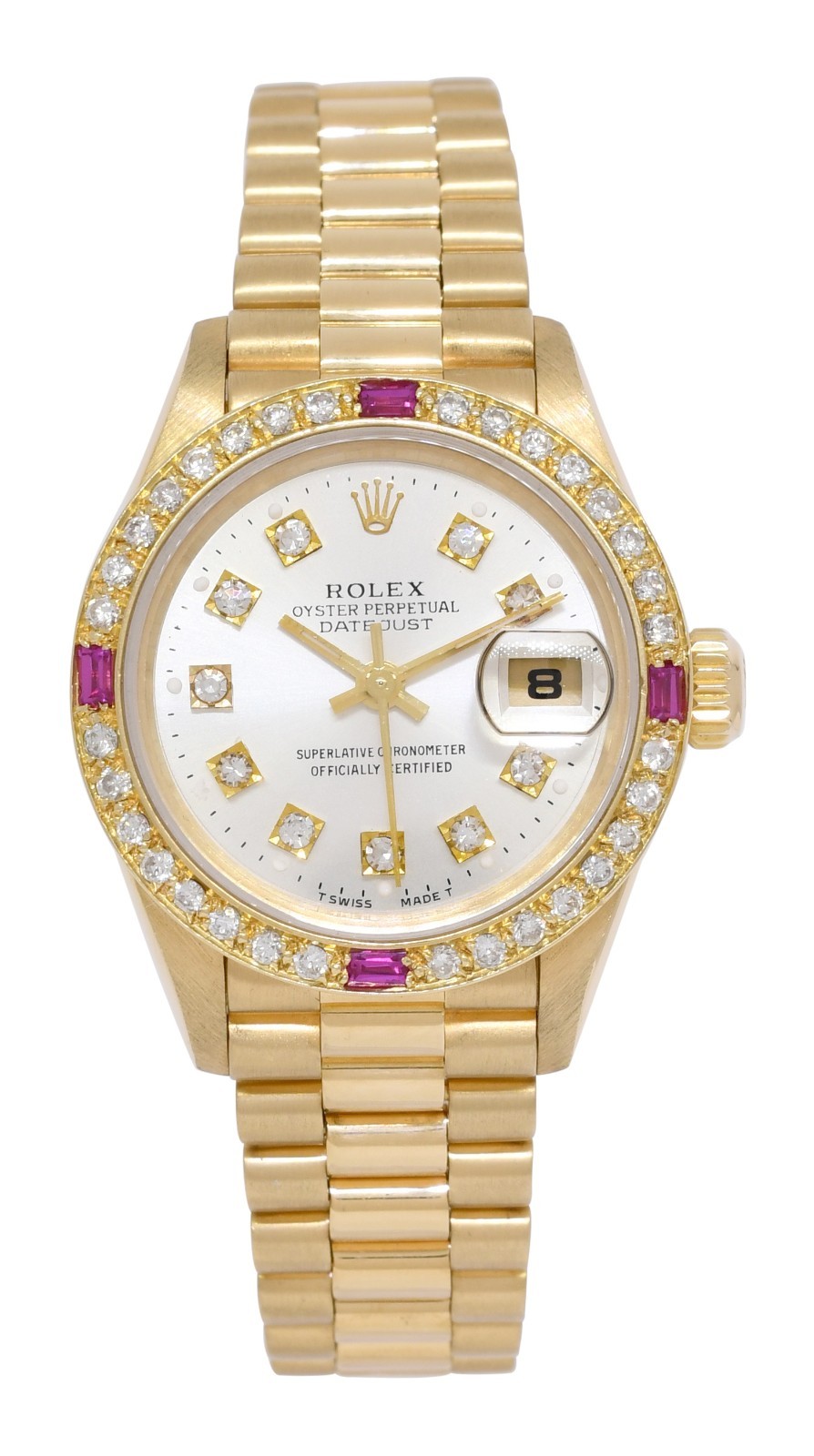 Rolex Datejust 18k Yellow Gold Silver Diamond/Ruby Ladies 26mm Watch L 69178