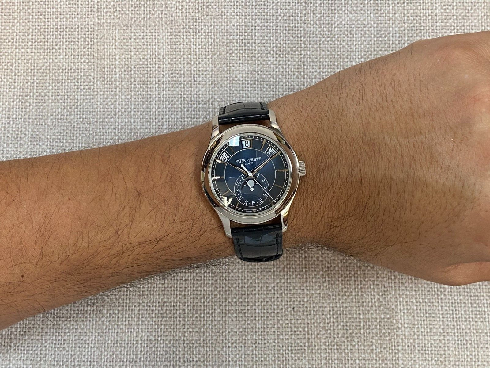 NOS Patek Philippe Annual Calendar 18k White Gold Blue Dial Watch B/P '25 5205G