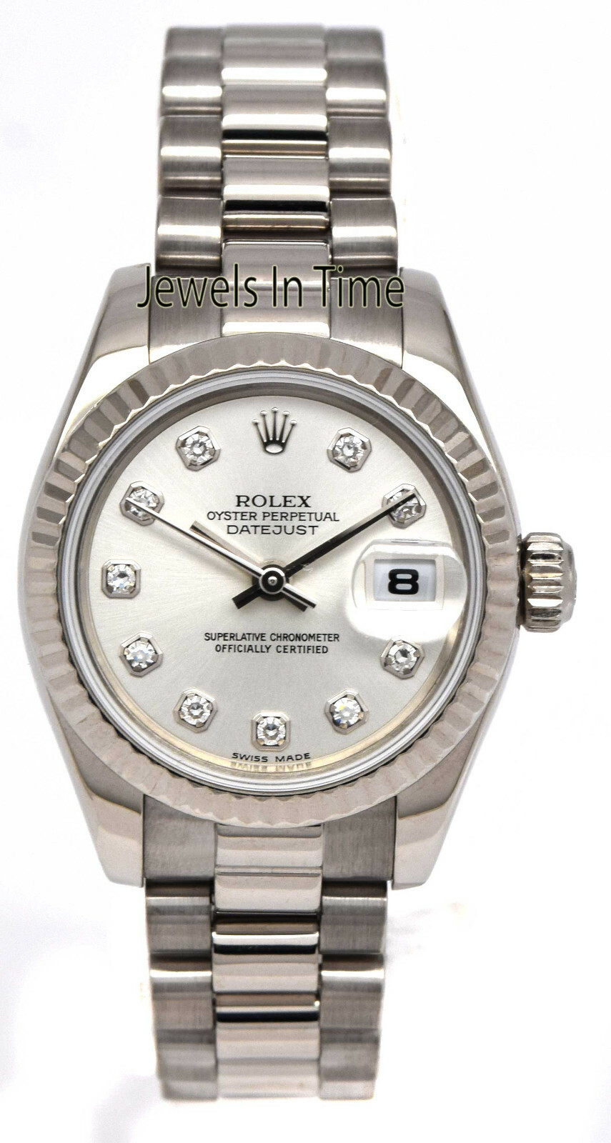 Rolex Datejust 18k White Gold Silver Diamond Dial 26mm President Watch Y 179179