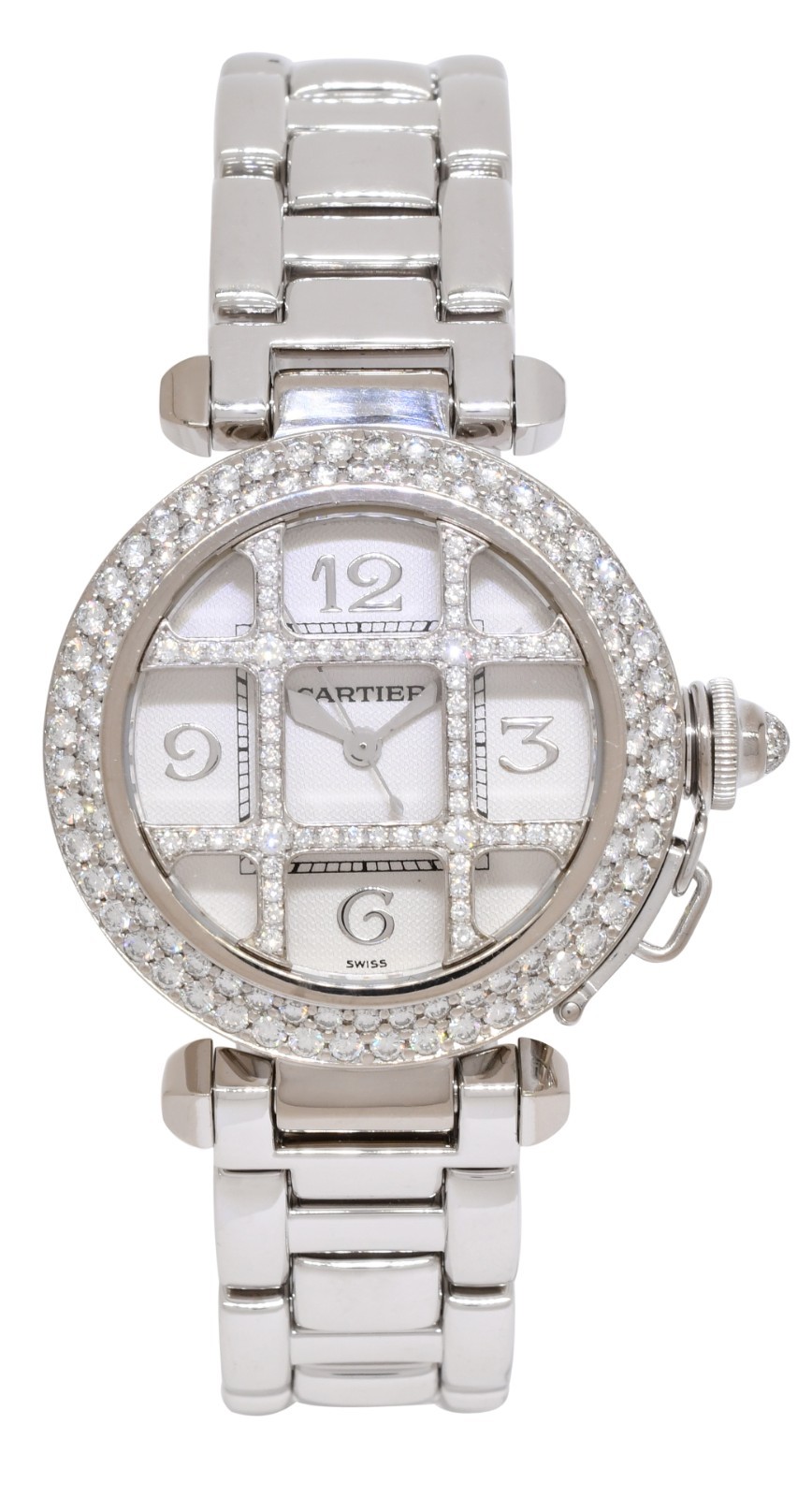 Cartier Pasha 18k White Gold Diamond Grid/Bezel Ladies 32mm Watch +Box 2400 Cartier Pasha 18k White Gold Diamond Grid/Bezel Ladies 32mm Watch +Box 2400