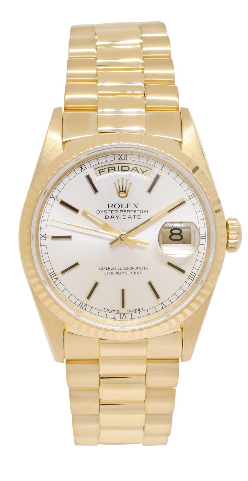 Rolex Day-Date President 18k Yellow Gold Silver Dial 36mm Watch +Papers T 18238