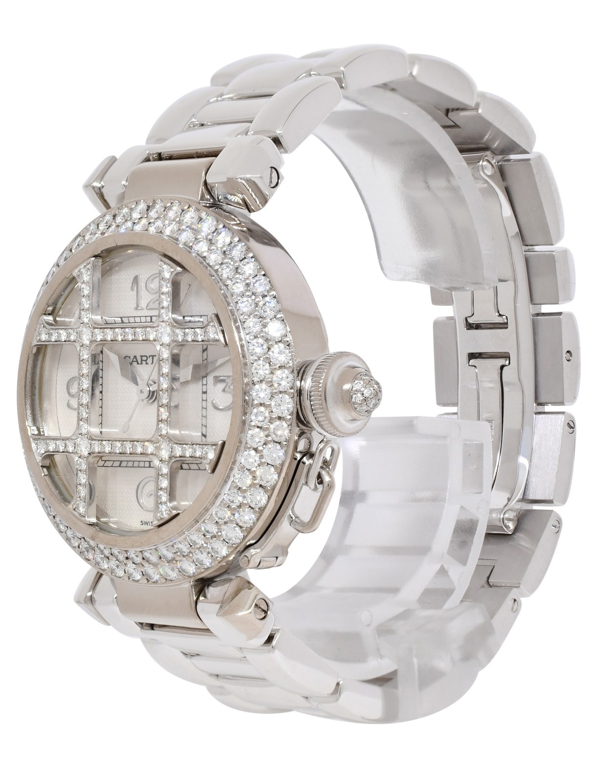 Cartier Pasha 18k White Gold Diamond Grid/Bezel Ladies 32mm Watch +Box 2400