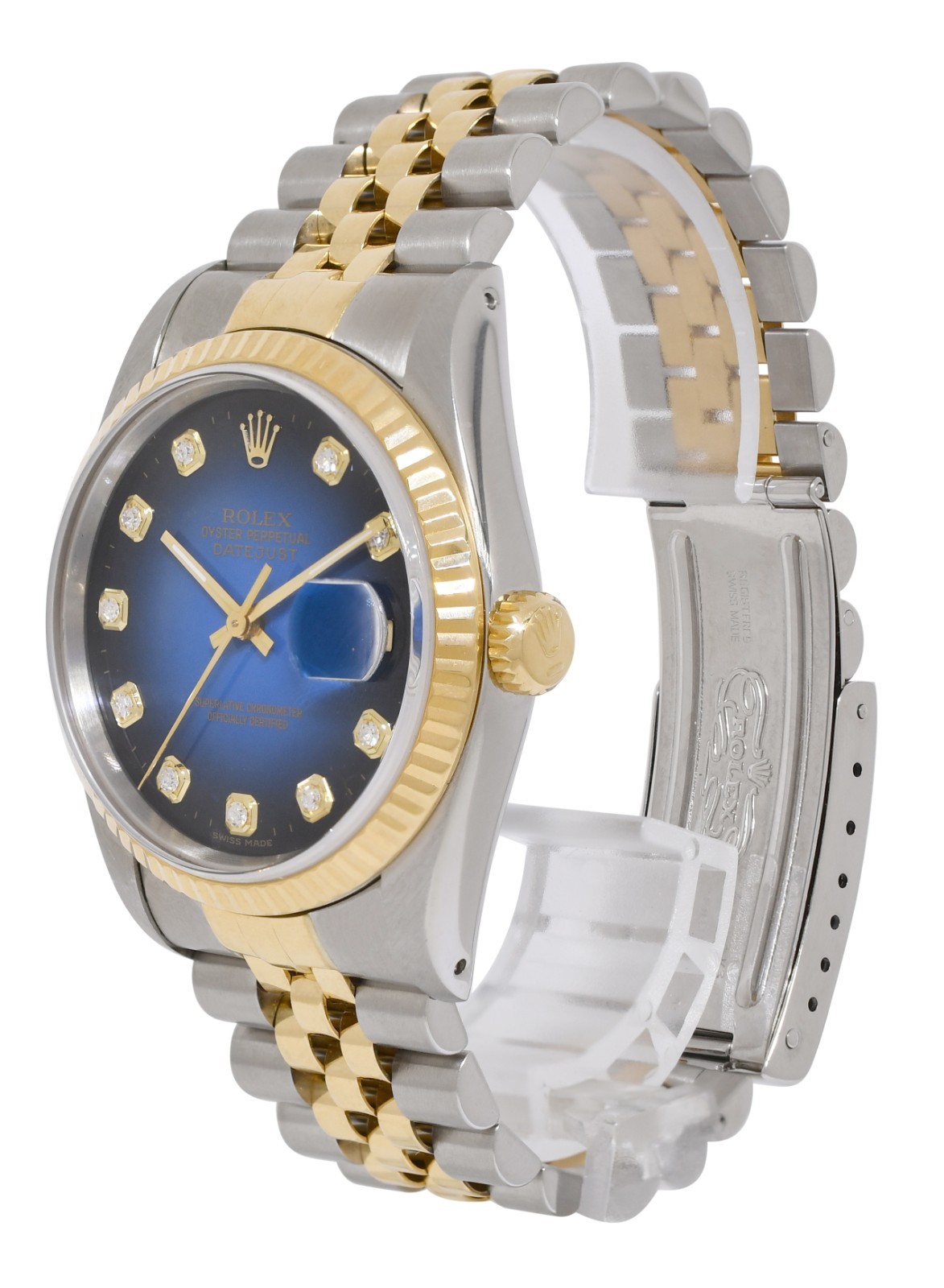 Rolex Datejust 18k Yellow Gold/Steel Blue Vignette Diamond 36mm Watch E 16233