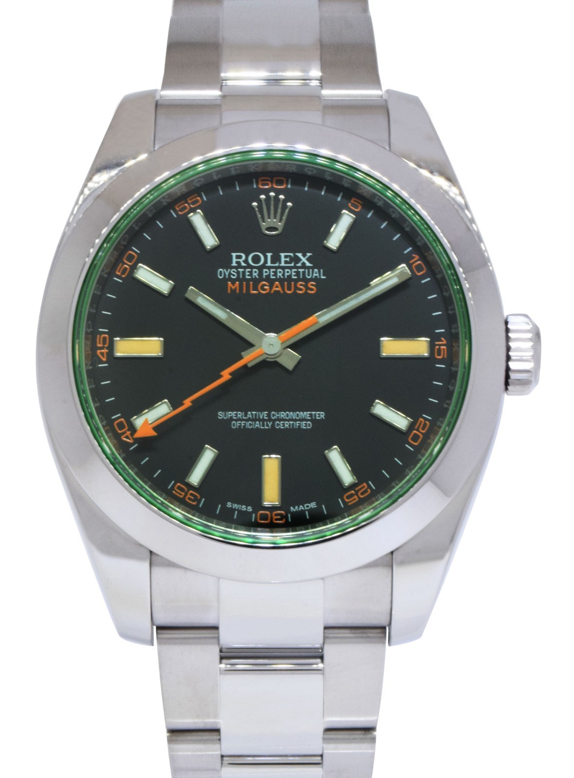 Rolex Milgauss Steel Black Dial Green Crystal Mens 40mm Watch +12 116400