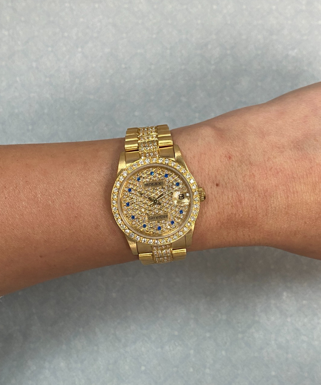 Rolex Datejust President 18k YG Pave Diamond & Sapphire Dial 31mm Watch 68278