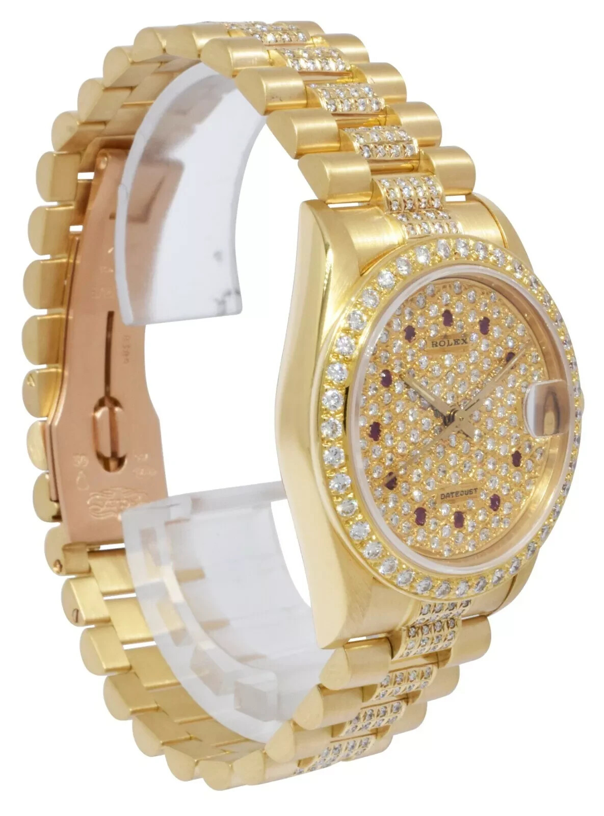 Rolex Datejust President 18k YG Pave Diamond & Ruby Dial Lady 31mm Watch 68278
