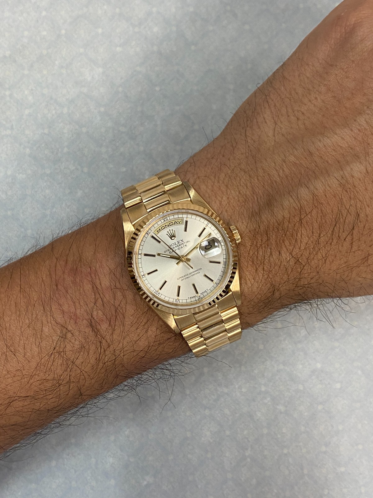 Rolex Day-Date President 18k Yellow Gold Silver Dial 36mm Watch +Papers T 18238