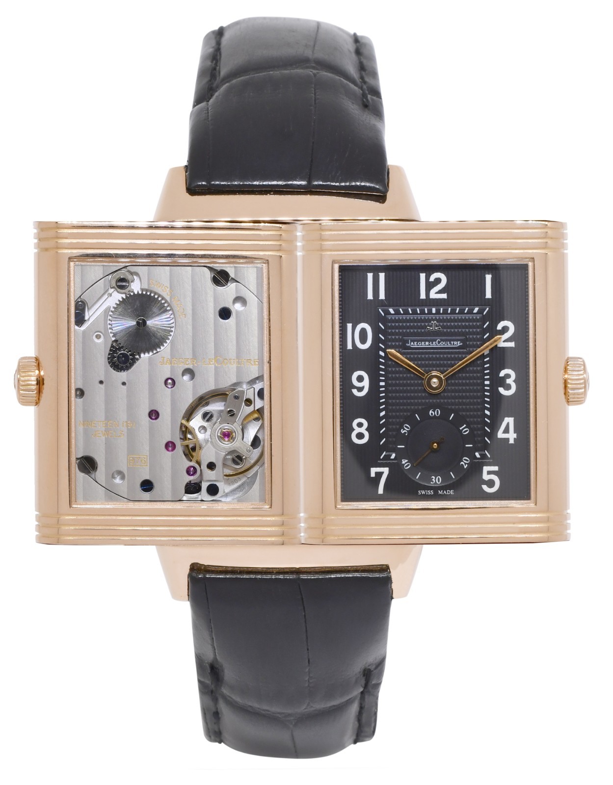 Jaeger LeCoultre Grande 976 Reverso 18k Rose Gold Black Dial Mens Watch 273.2.04
