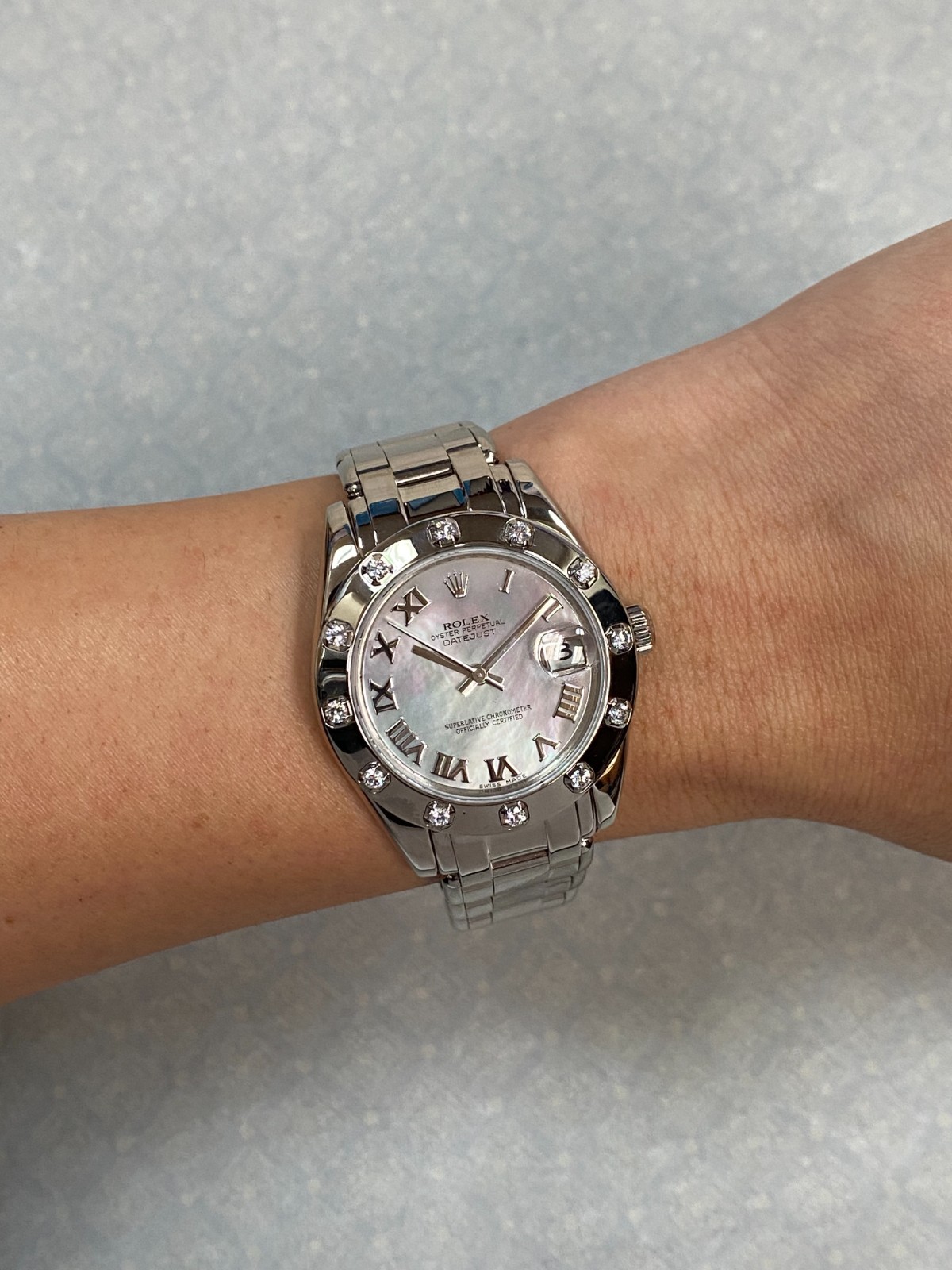 Rolex Datejust Pearlmaster 18k White Gold MOP & Diamond 34mm Watch V 81319