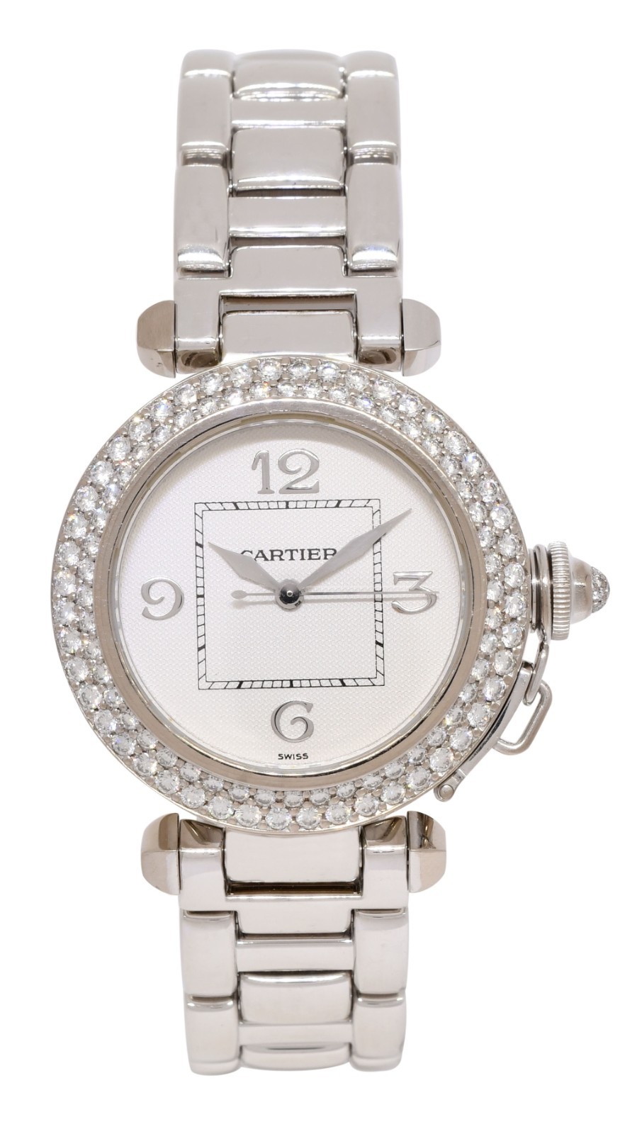 Cartier Pasha 18k White Gold Diamond Grid/Bezel Ladies 32mm Watch +Box 2400