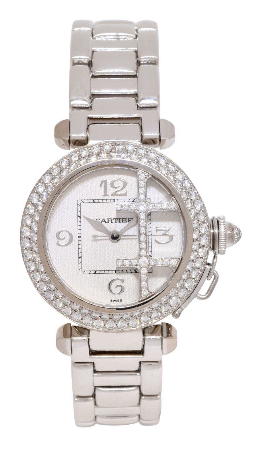 Cartier Pasha 18k White Gold Diamond Grid/Bezel Ladies 32mm Watch +Box 2400