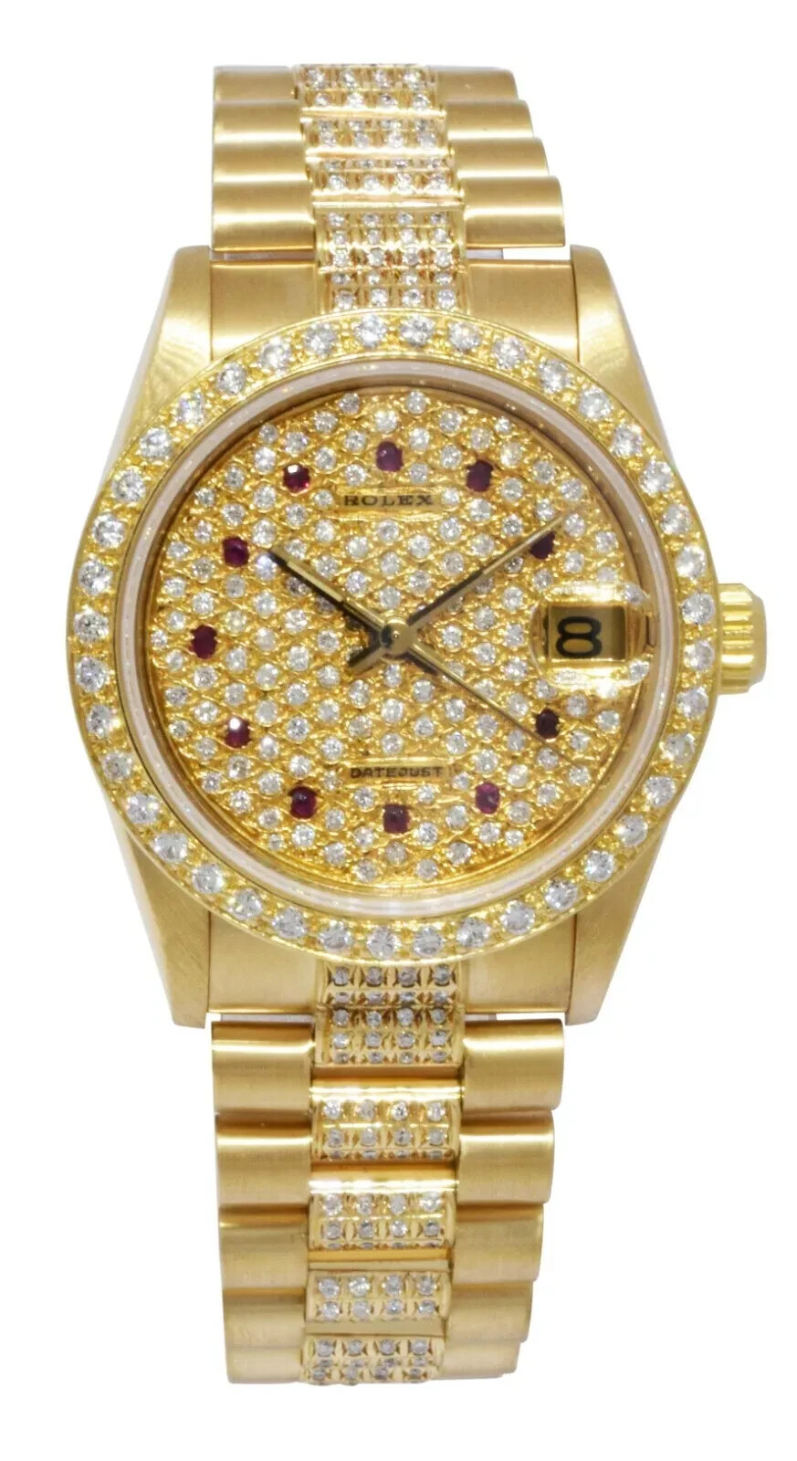 Rolex Datejust President 18k YG Pave Diamond & Ruby Dial Lady 31mm Watch 68278