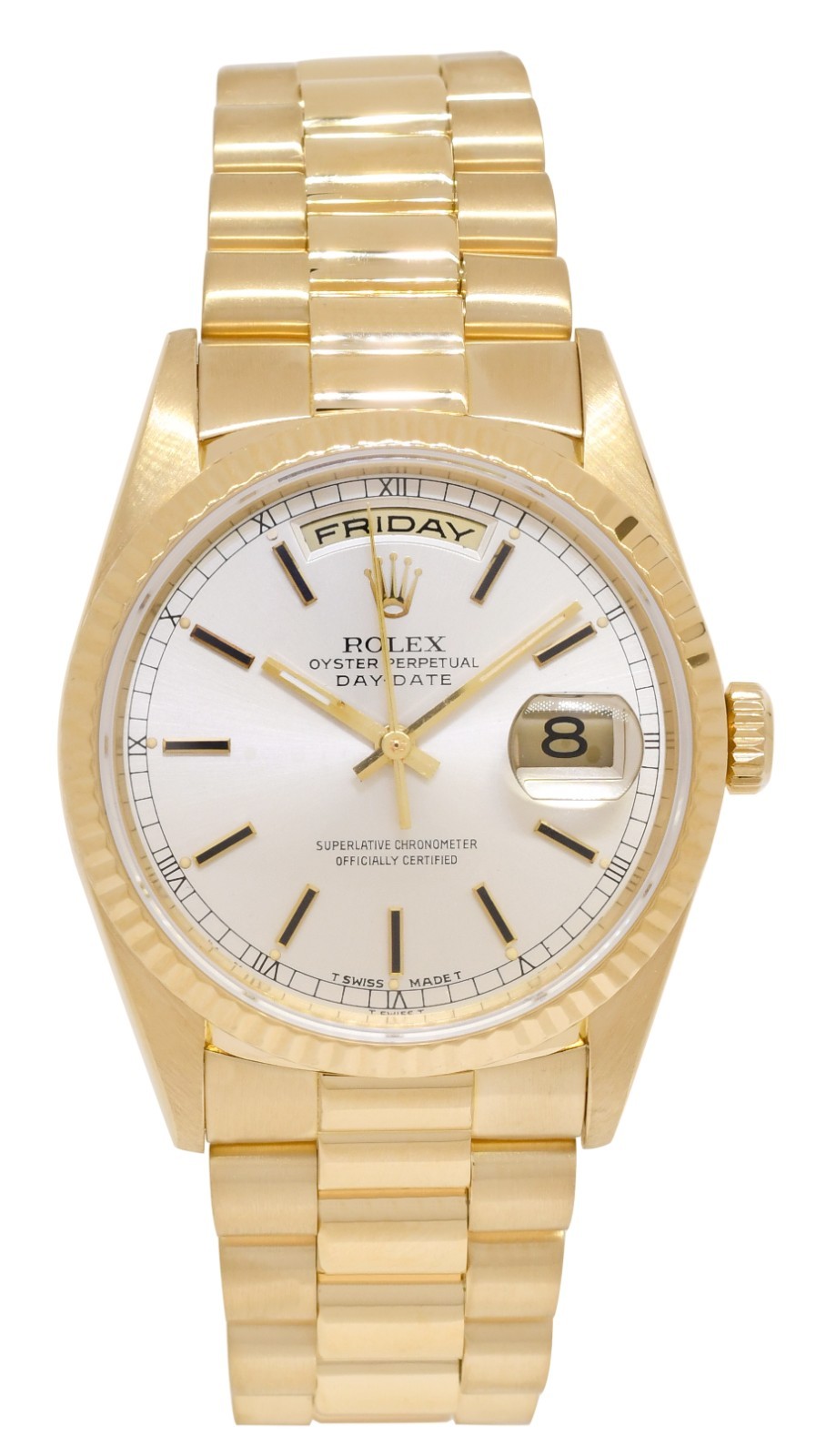 Rolex Day-Date President 18k Yellow Gold Silver Dial 36mm Watch +Papers T 18238
