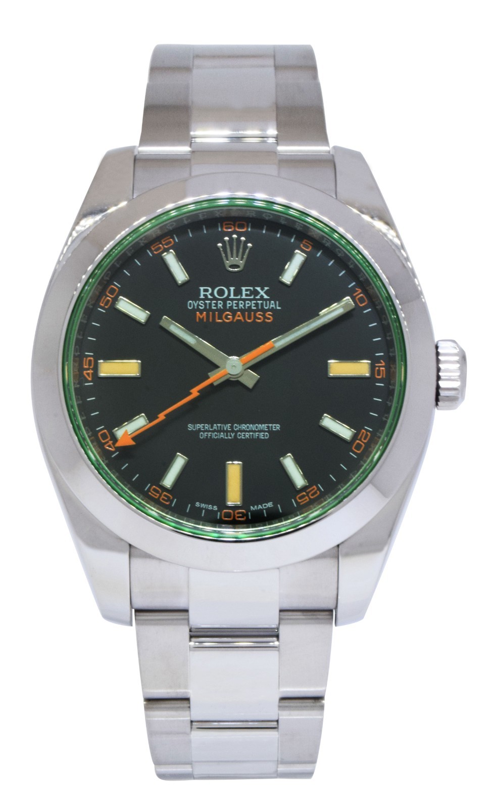 Rolex Milgauss Steel Black Dial Green Crystal Mens 40mm Watch +12 116400