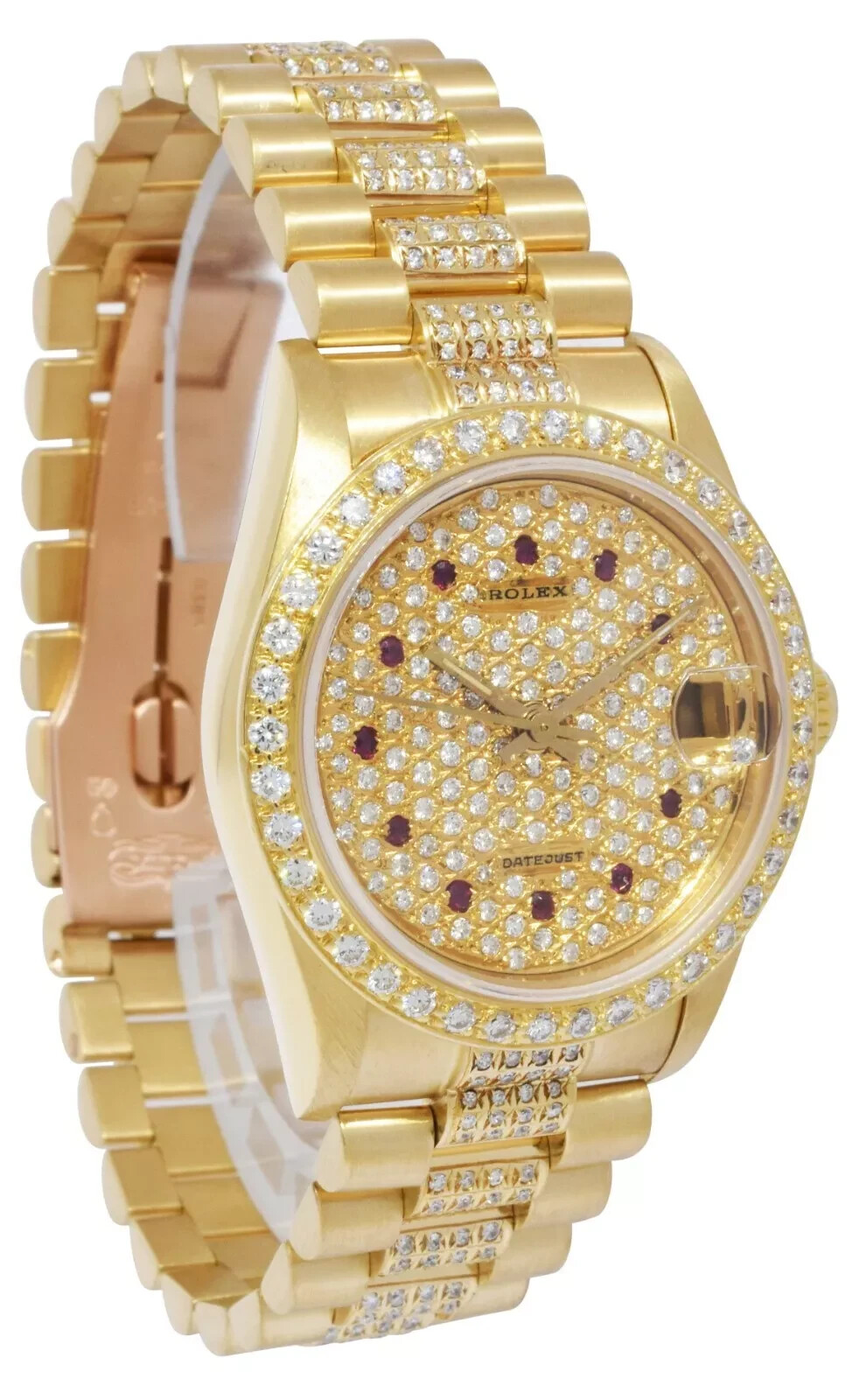 Rolex Datejust President 18k YG Pave Diamond & Ruby Dial Lady 31mm Watch 68278
