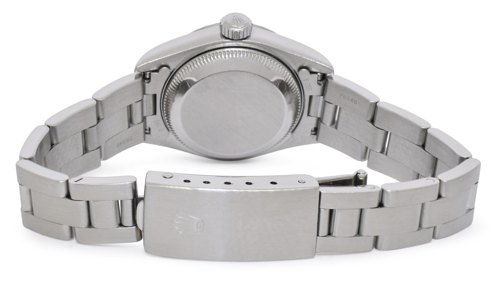 Rolex Date Steel White Roman Dial Engine Turned Bezel Ladies 26mm Watch U 69240