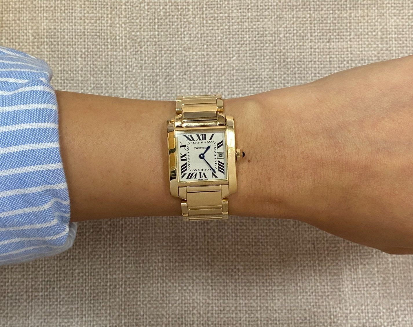 Cartier Tank Francaise Medium 18k YG Ivory Dial Ladies Quartz Date Watch 2466