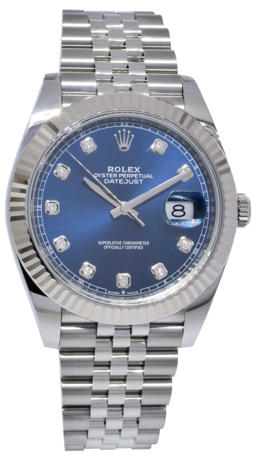 Rolex Datejust 41 Steel & White Gold Blue Diamond Dial Watch +Card '21 126334