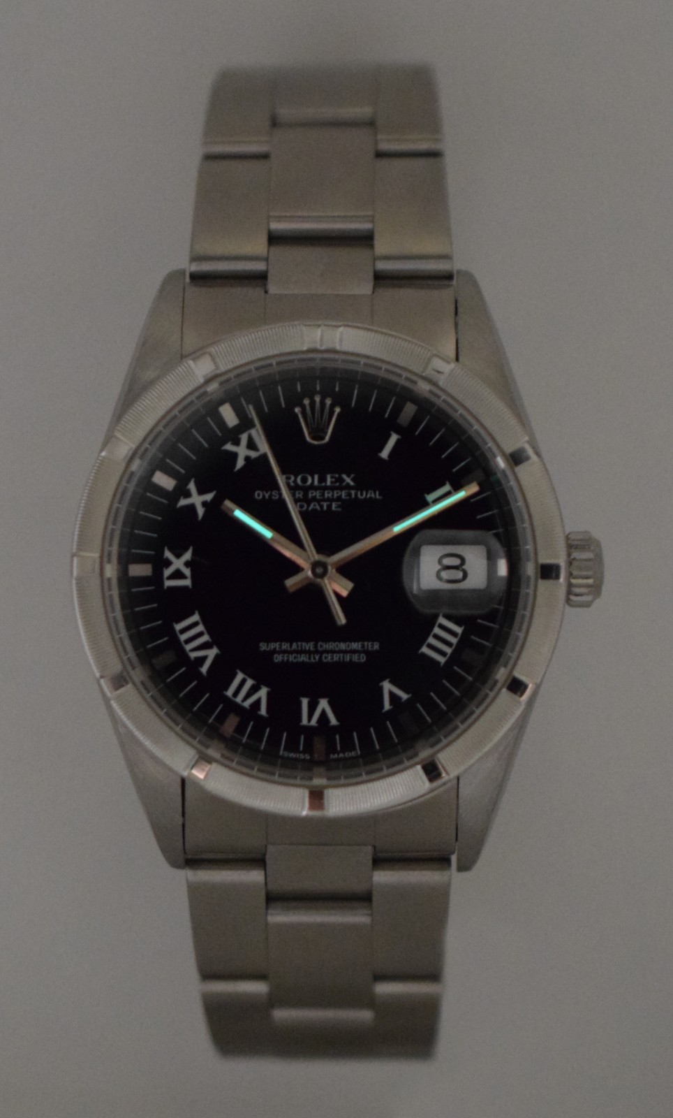 Rolex Date Steel Black Dial Engine Turned Bezel 34mm Watch A 15210
