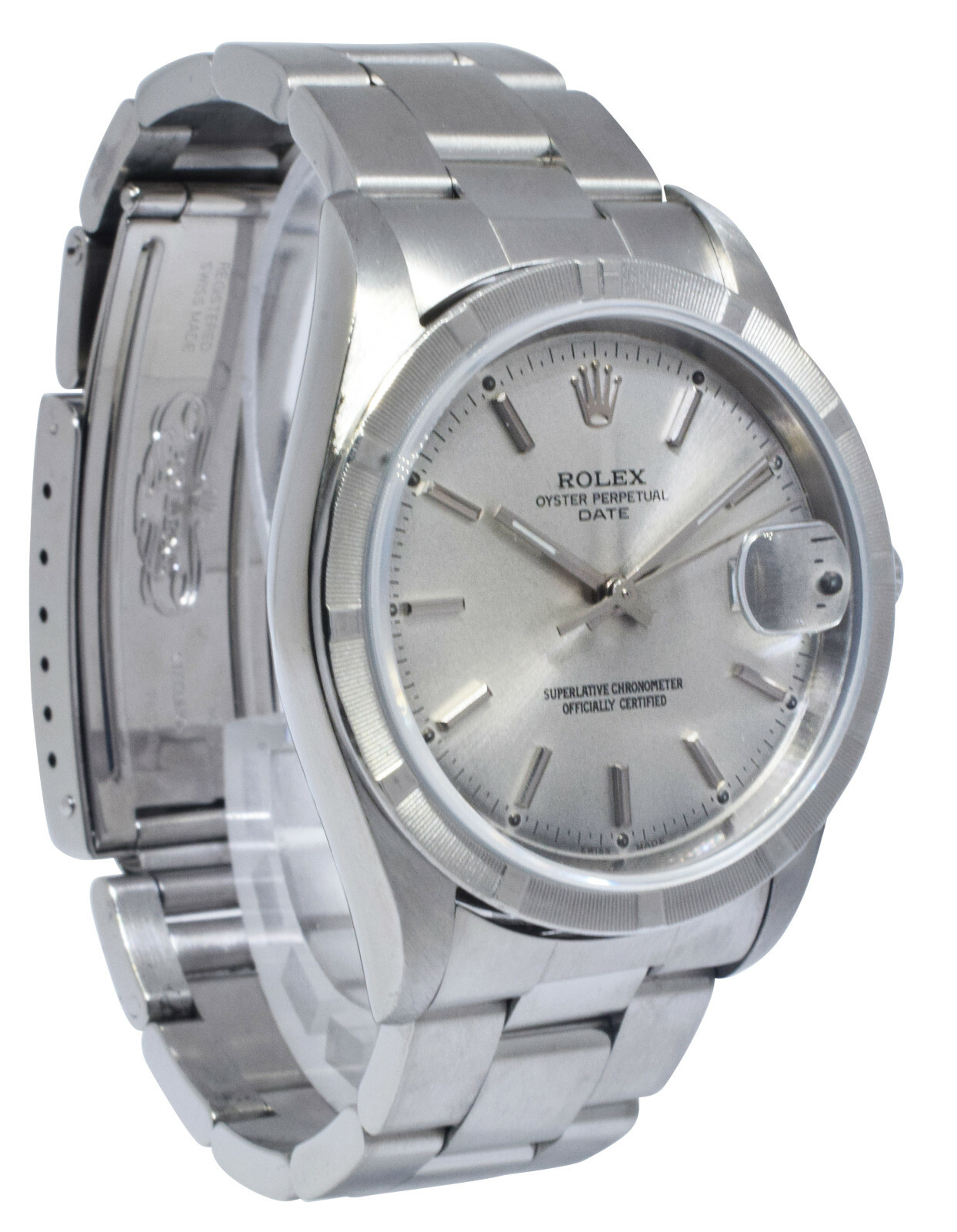 Rolex Date Steel Silver Dial Engine Turned Bezel 34mm Watch D 15210