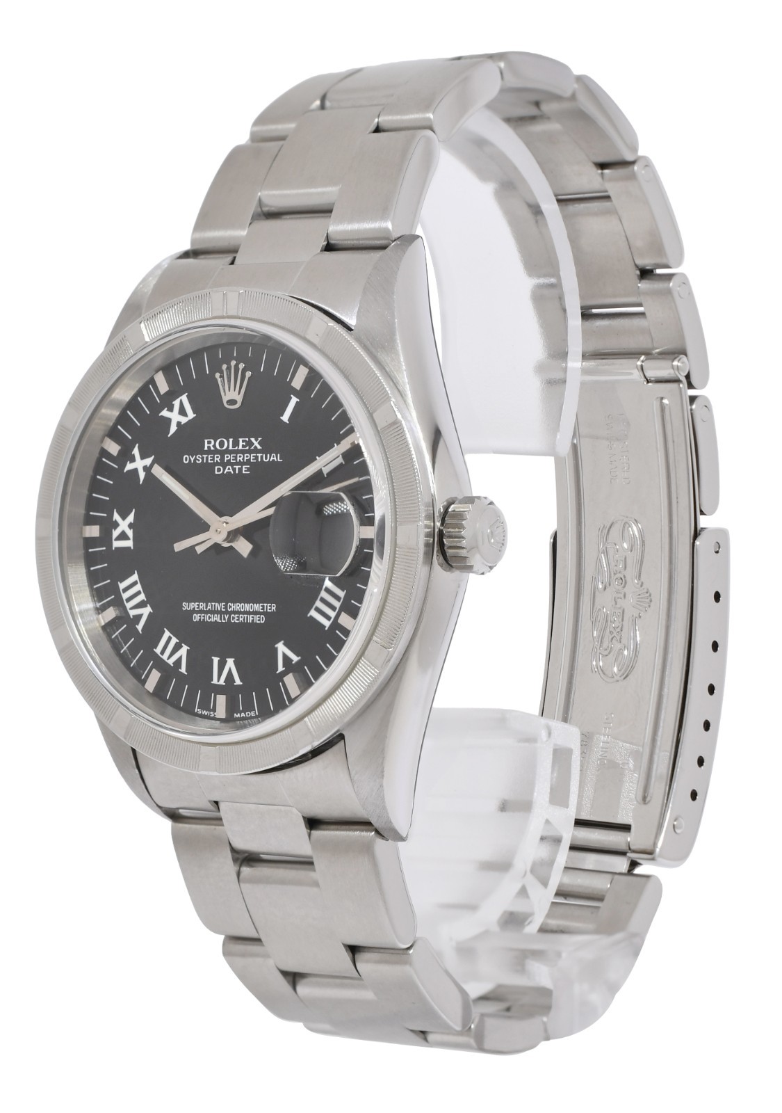 Rolex Date Steel Black Dial Engine Turned Bezel 34mm Watch A 15210