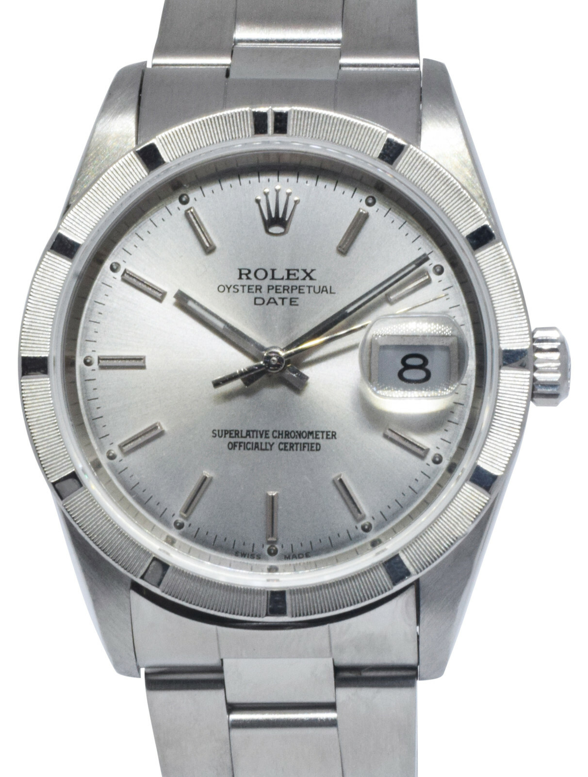 Rolex Date Steel Silver Dial Engine Turned Bezel 34mm Watch D 15210 Rolex Date Steel Silver Dial Engine Turned Bezel 34mm Watch D 15210