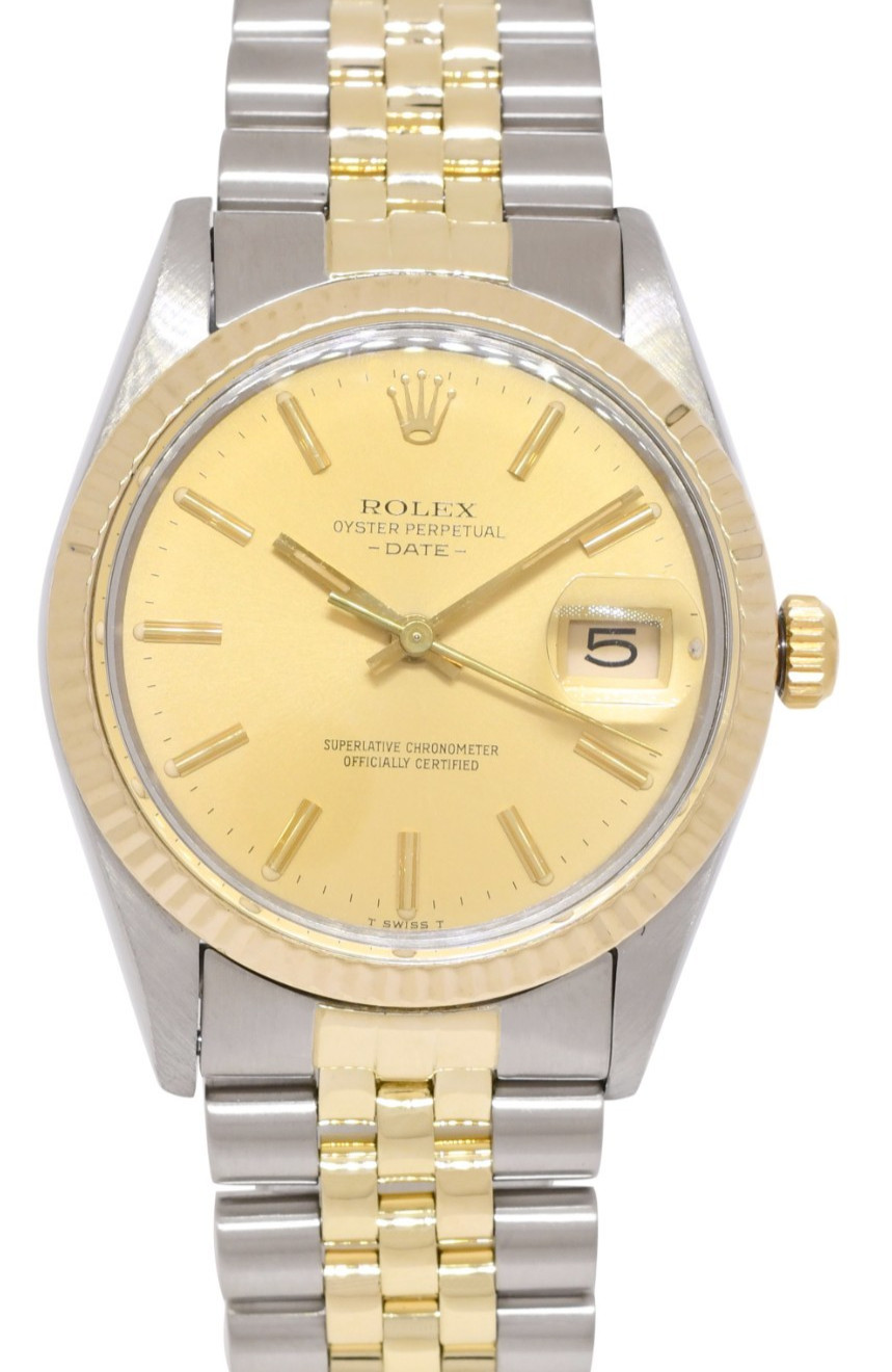 Rolex Date 14k Yellow Gold/Steel Champagne Dial Mens 34mm Watch 15003