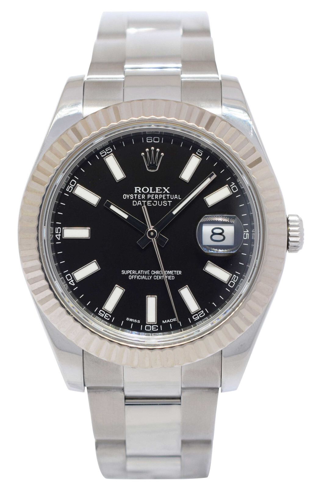 Rolex Datejust II Steel & 18k White Gold Bezel Black Dial Mens 41mm Watch 116334