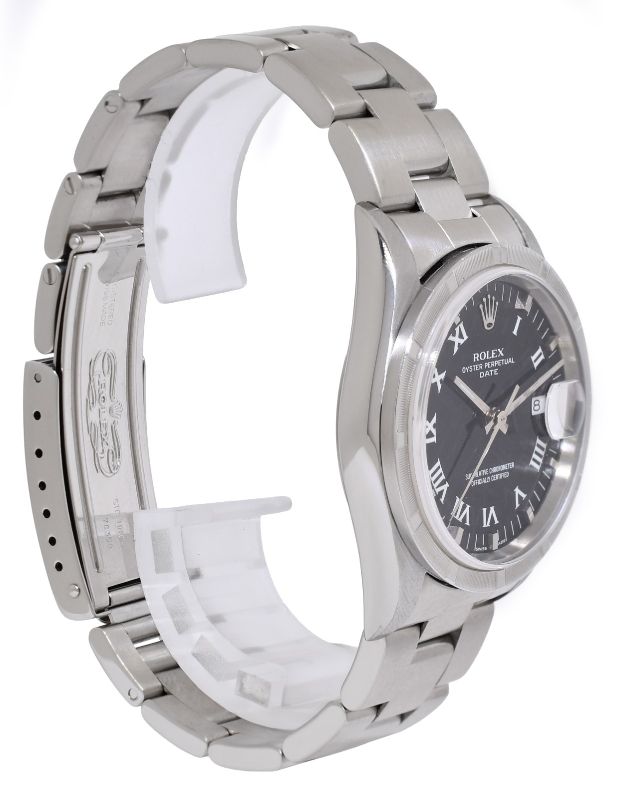 Rolex Date Steel Black Dial Engine Turned Bezel 34mm Watch A 15210