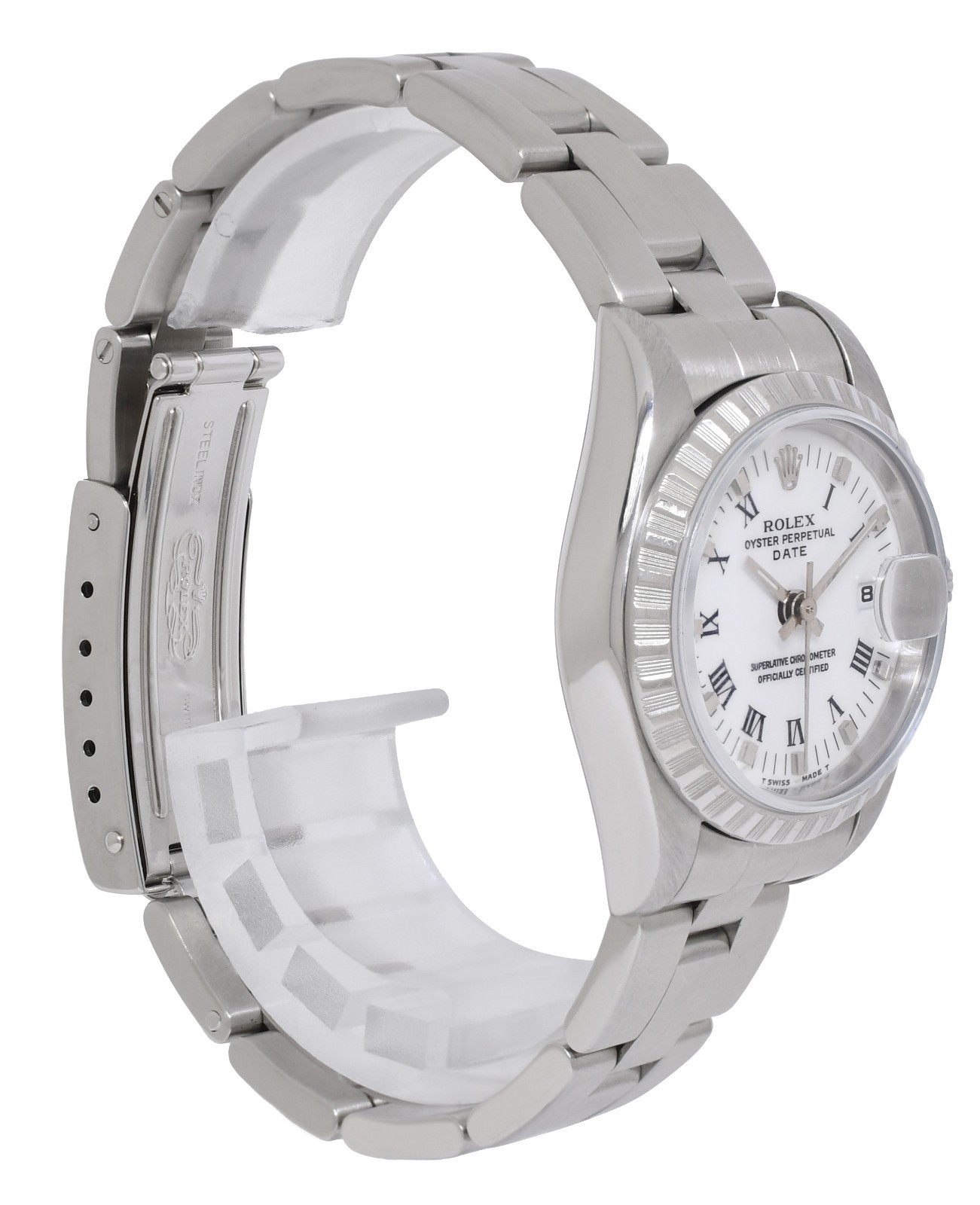 Rolex Date Steel White Roman Dial Engine Turned Bezel Ladies 26mm Watch U 69240