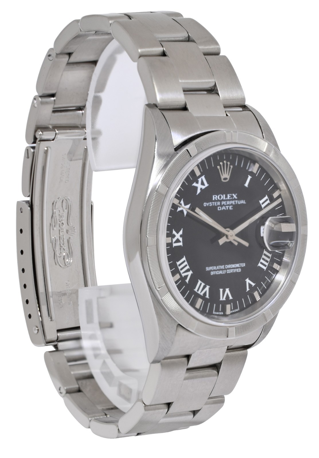 Rolex Date Steel Black Dial Engine Turned Bezel 34mm Watch A 15210