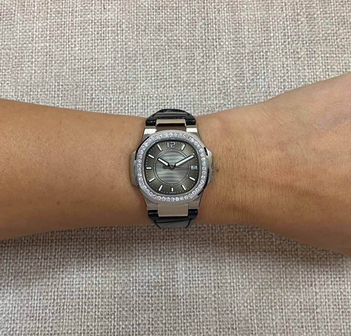 Patek Philippe Nautilus 7010 18k White Gold & Diamond Gray Ladies Watch 7010G