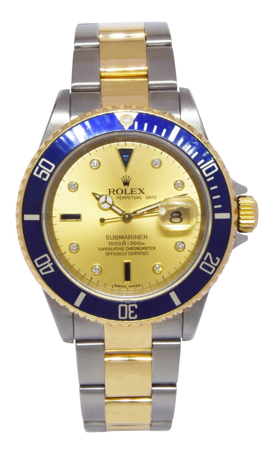Rolex Submariner 18k Yellow Gold/Steel Serti Diamond Dial Mens Watch F 16613