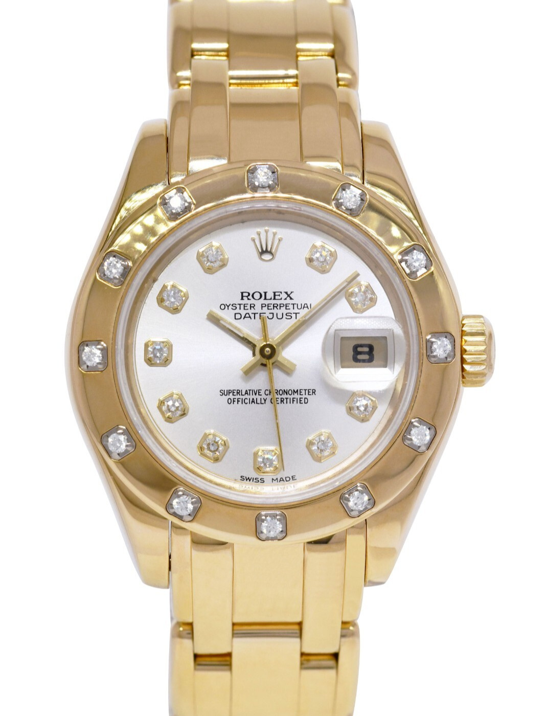 Rolex Datejust Pearlmaster 18k Yellow Gold Silver Diamond 29mm Watch K 80318