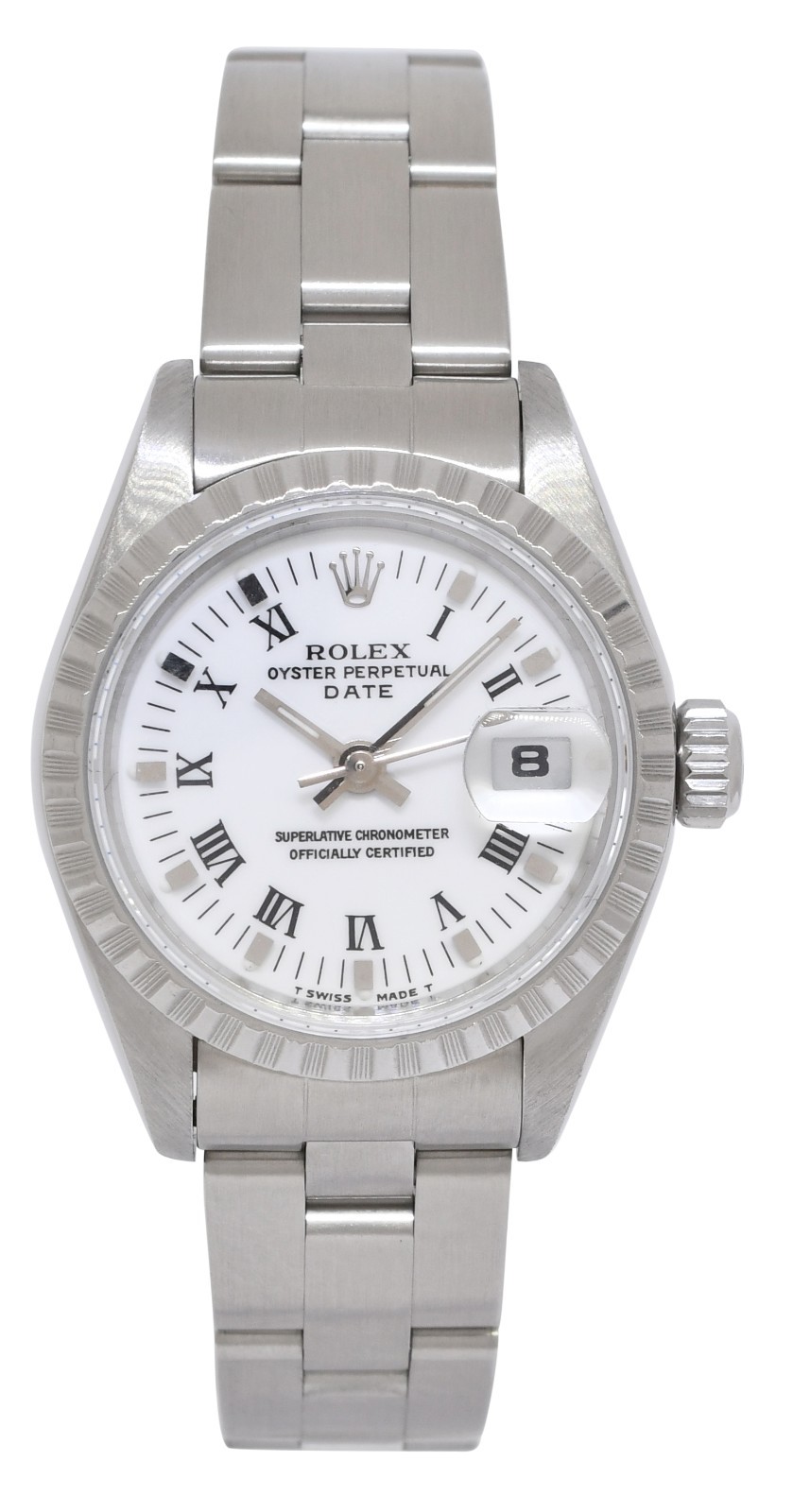 Rolex Date Steel White Roman Dial Engine Turned Bezel Ladies 26mm Watch U 69240