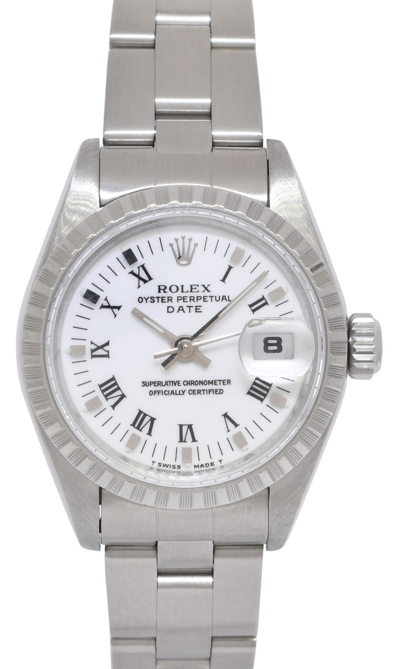 Rolex Date Steel White Roman Dial Engine Turned Bezel Ladies 26mm Watch U 69240 Rolex Date Steel White Roman Dial Engine Turned Bezel Ladies 26mm Watch U 69240