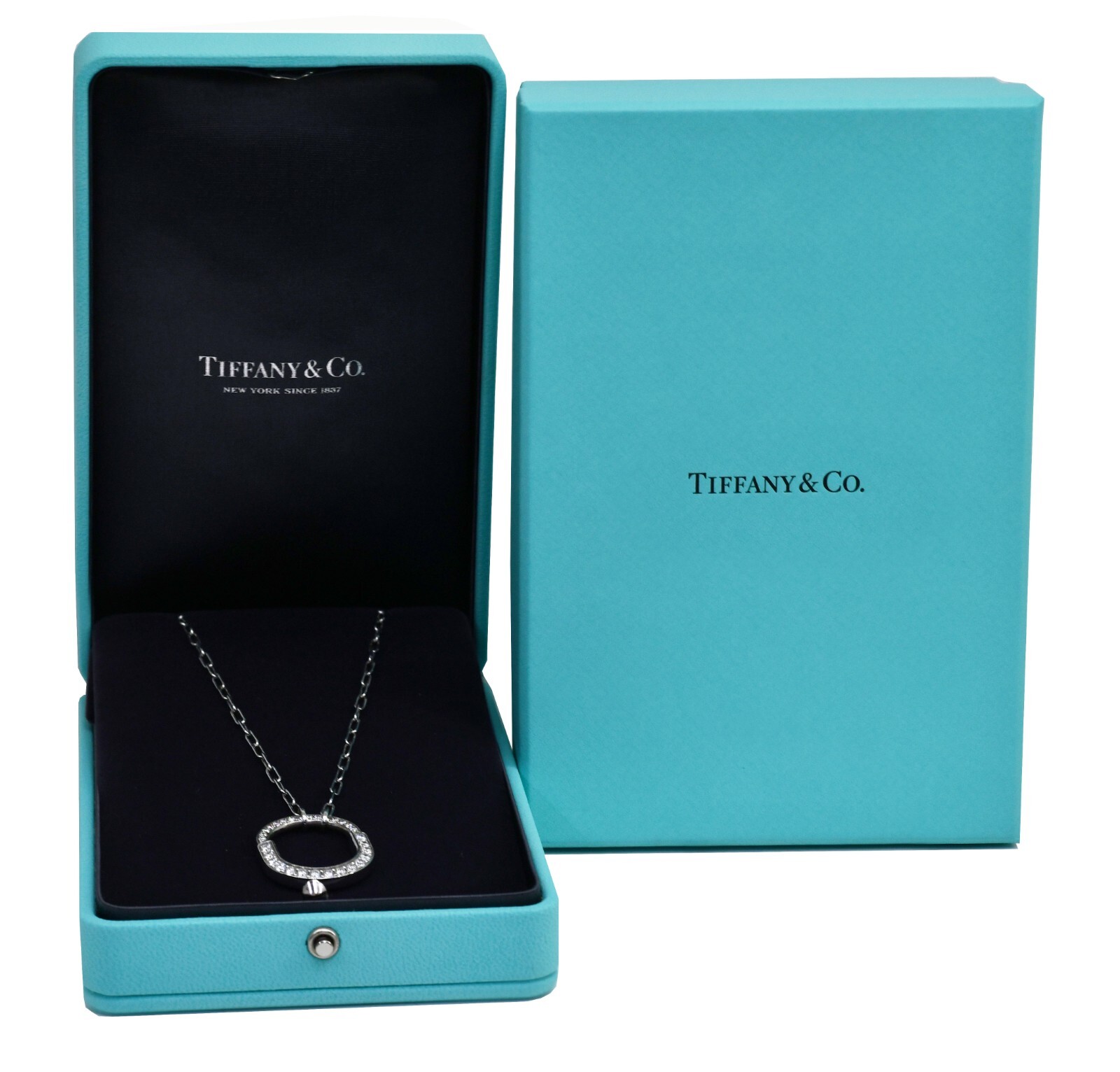 Tiffany & Co. Tiffany Lock Diamond Pendant 18k White Gold Chain Necklace +Box