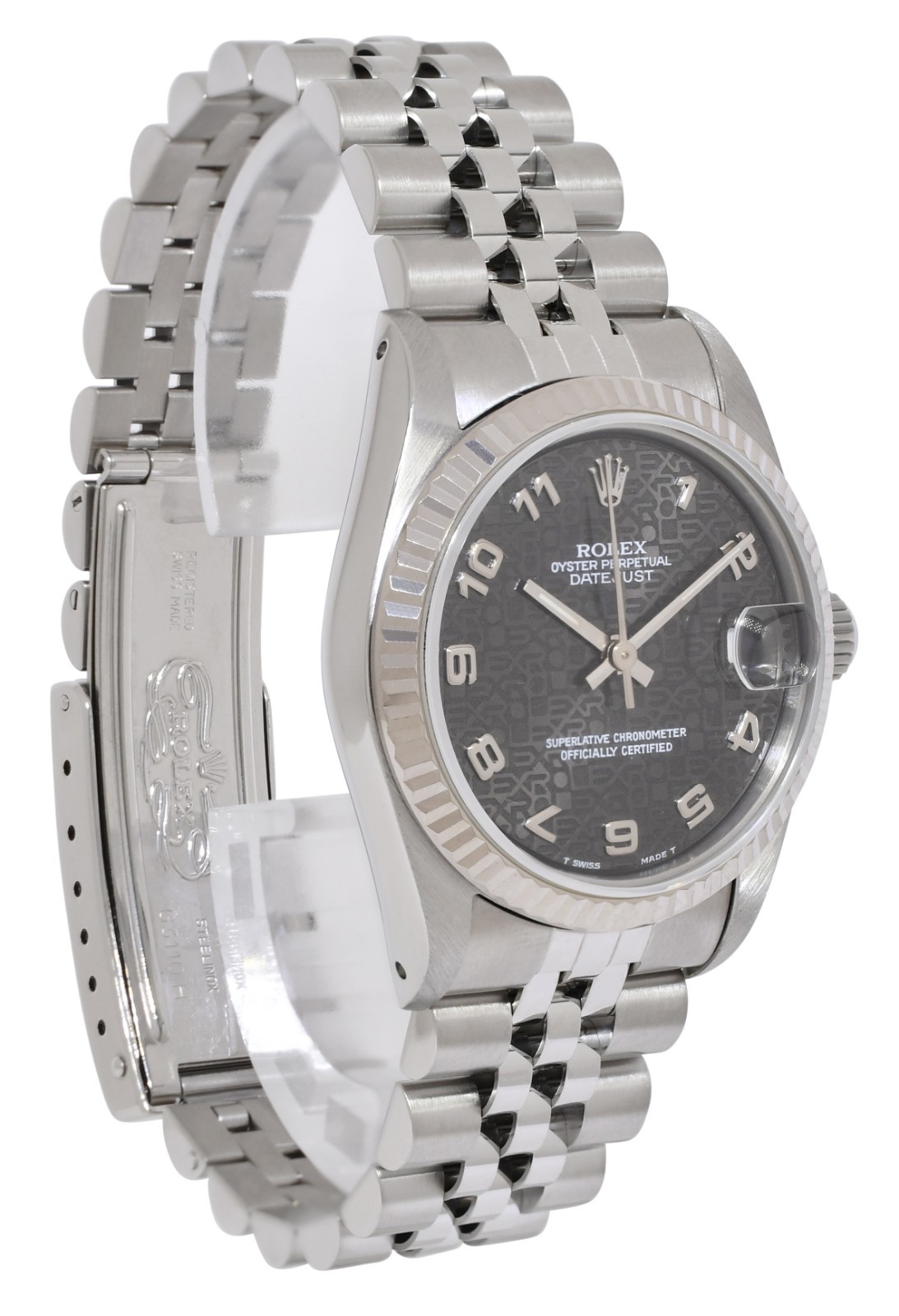 Rolex Datejust Steel 18k White Gold Bezel Black Jubilee Dial 31mm Watch U 68274