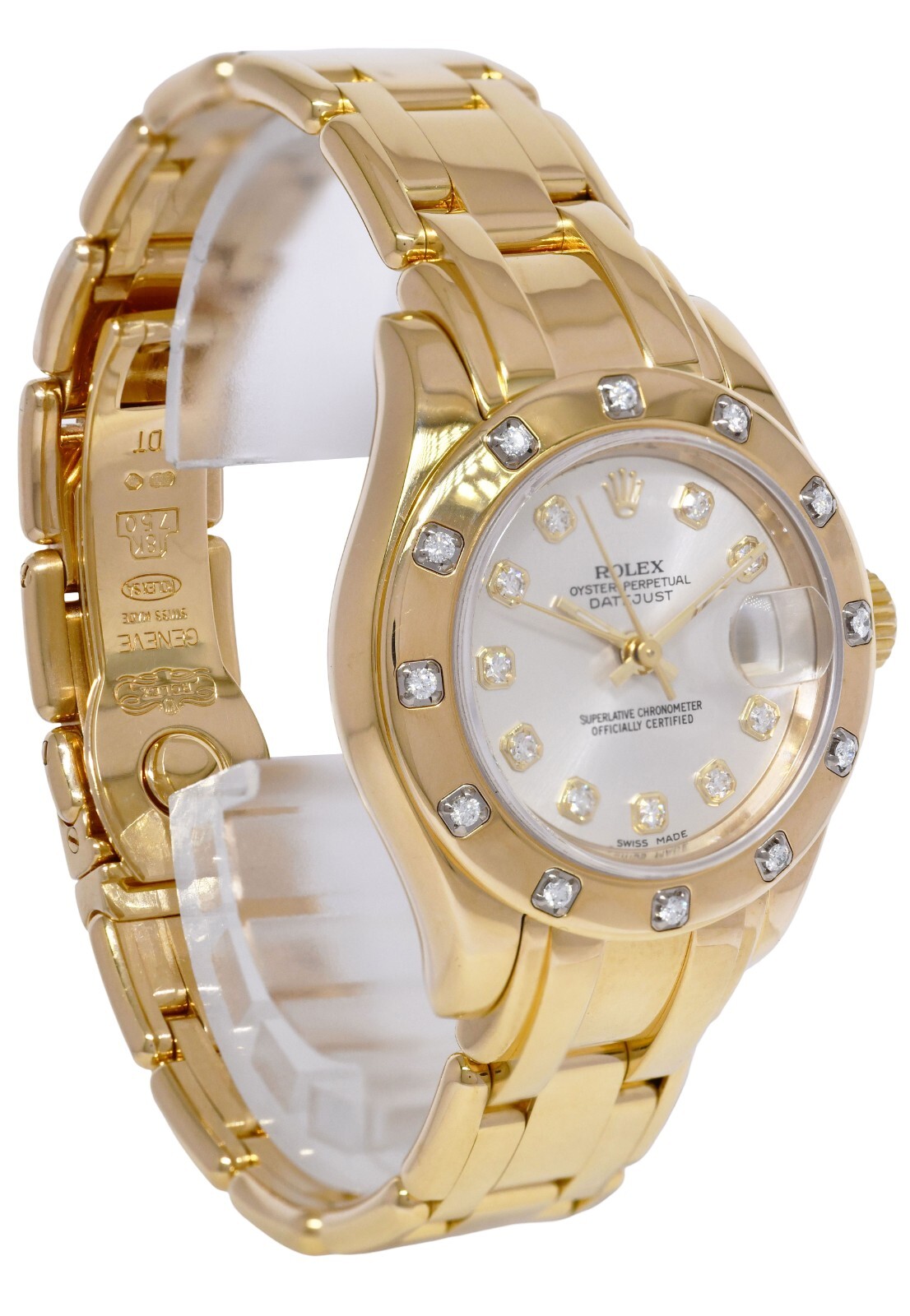 Rolex Datejust Pearlmaster 18k Yellow Gold Silver Diamond 29mm Watch K 80318