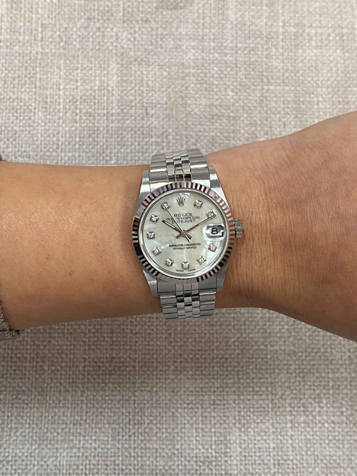 Rolex Datejust 31 Steel 18k White Gold Bezel MOP w/Dia Dial Ladies Watch A 78274