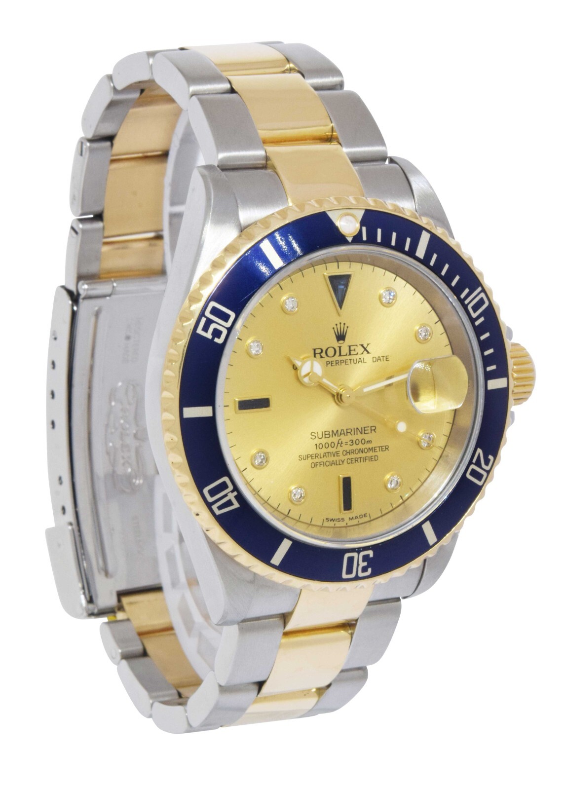 Rolex Submariner 18k Yellow Gold/Steel Serti Diamond Dial Mens Watch F 16613